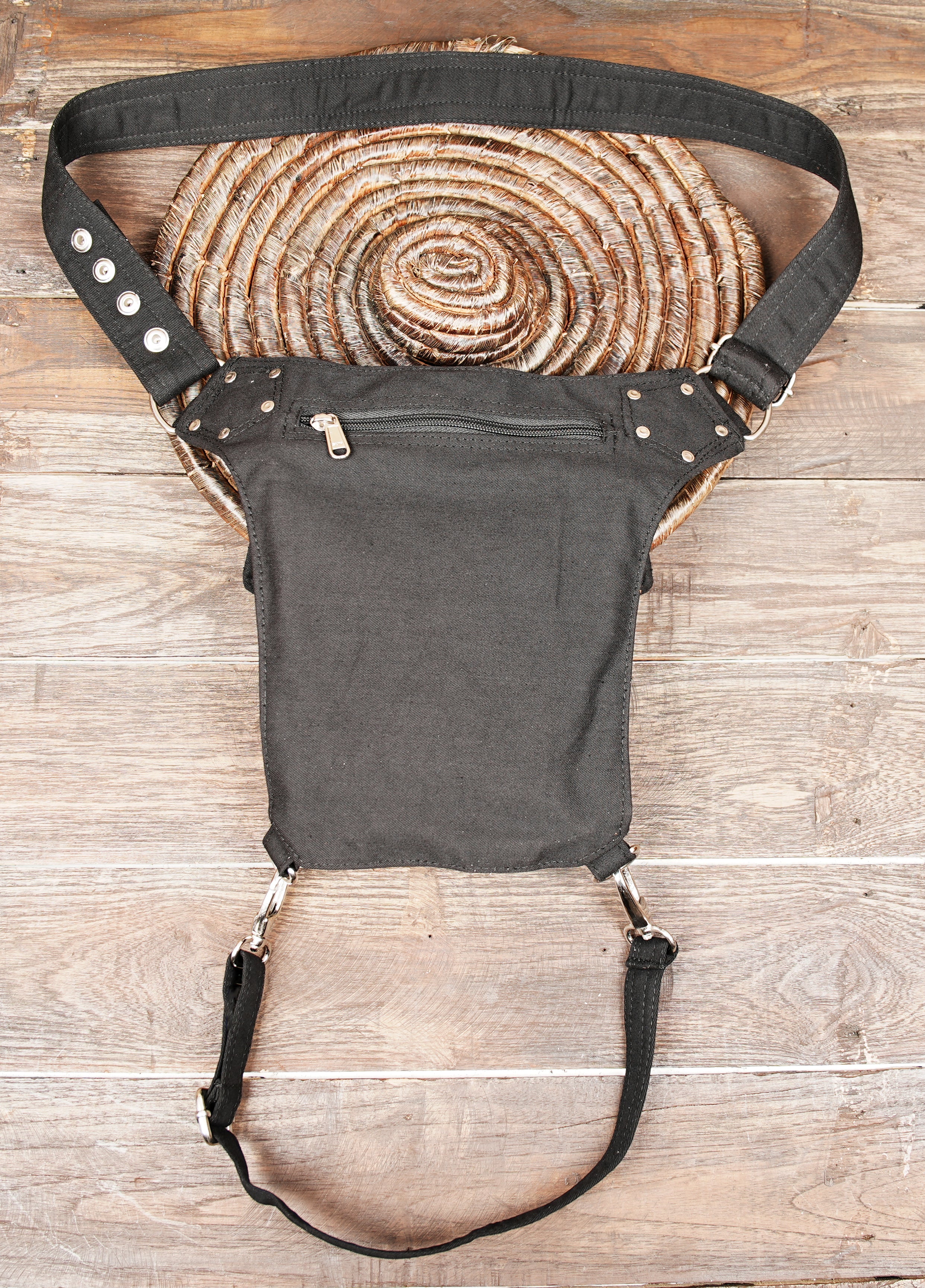 Cotton festival waist bag with rivet accents and thigh strap