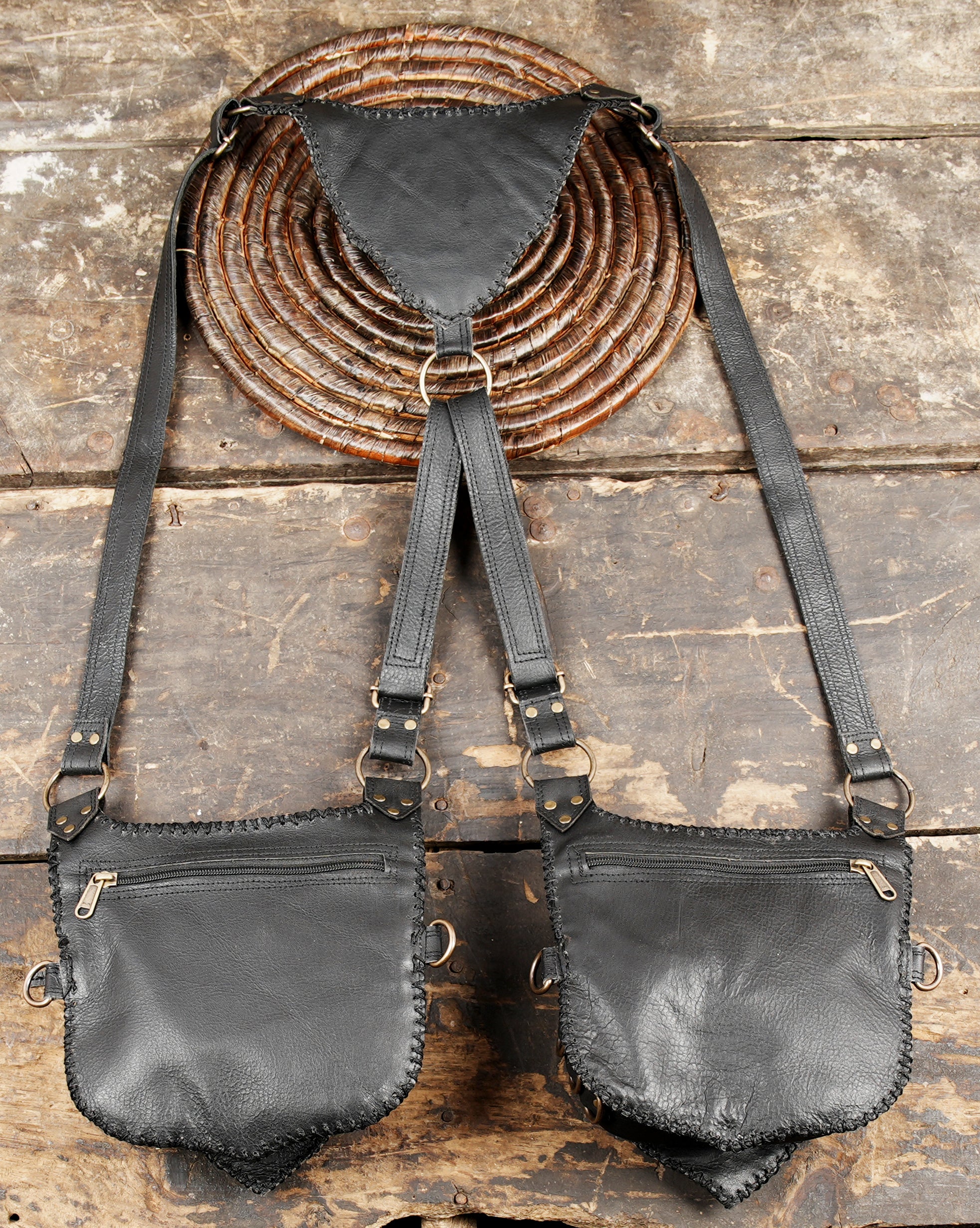 Adjustable leather harness with dual pouch design