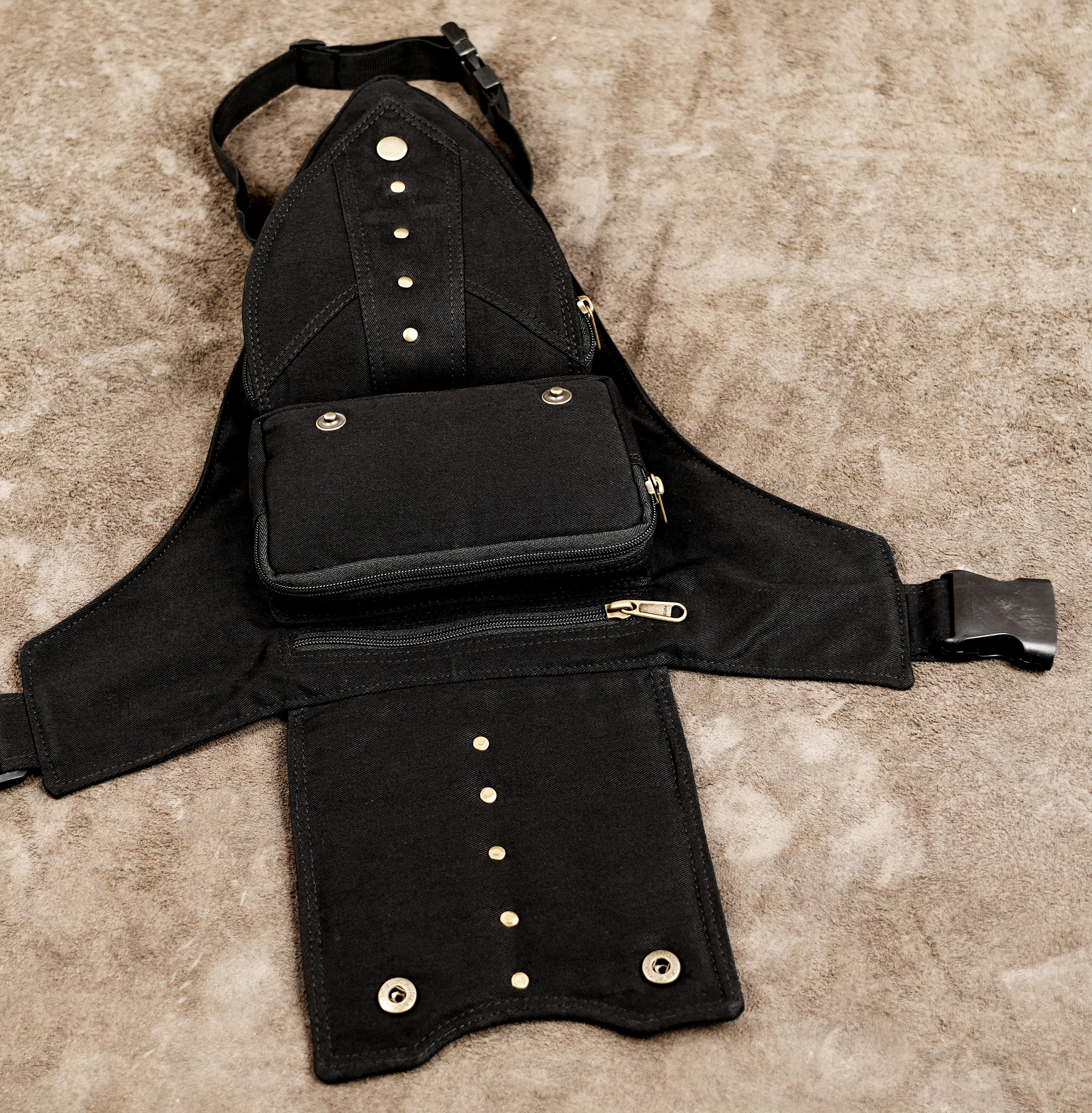 Men's black cotton thigh belt bag with antique brass studs