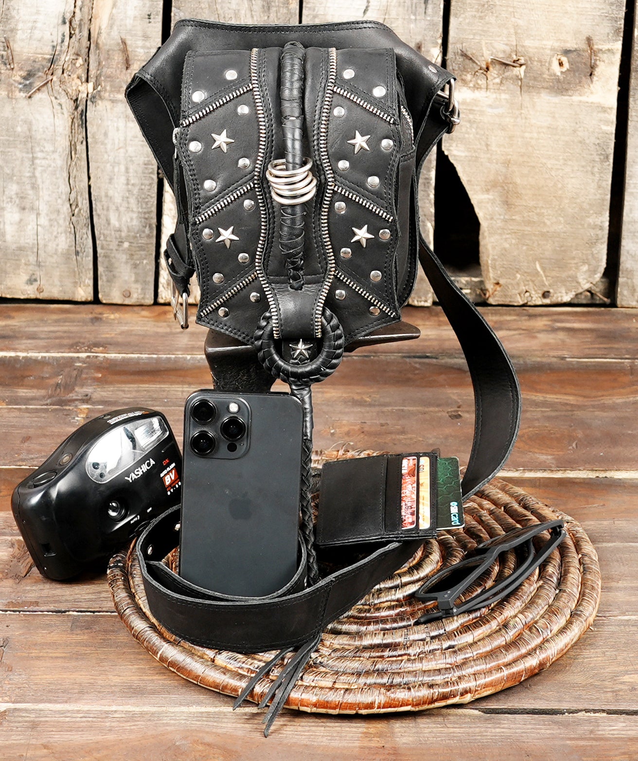 Stylish biker holster bag in genuine black leather