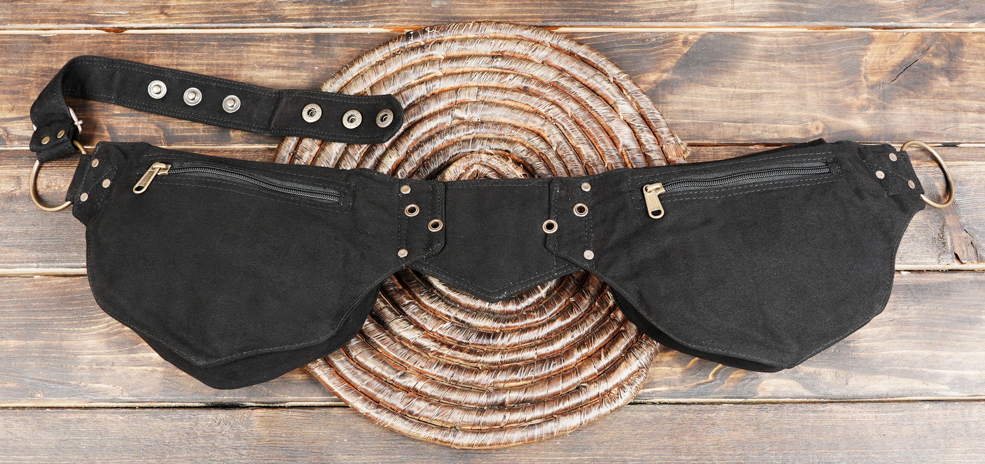 Sturdy black canvas belt bag with brass hardware