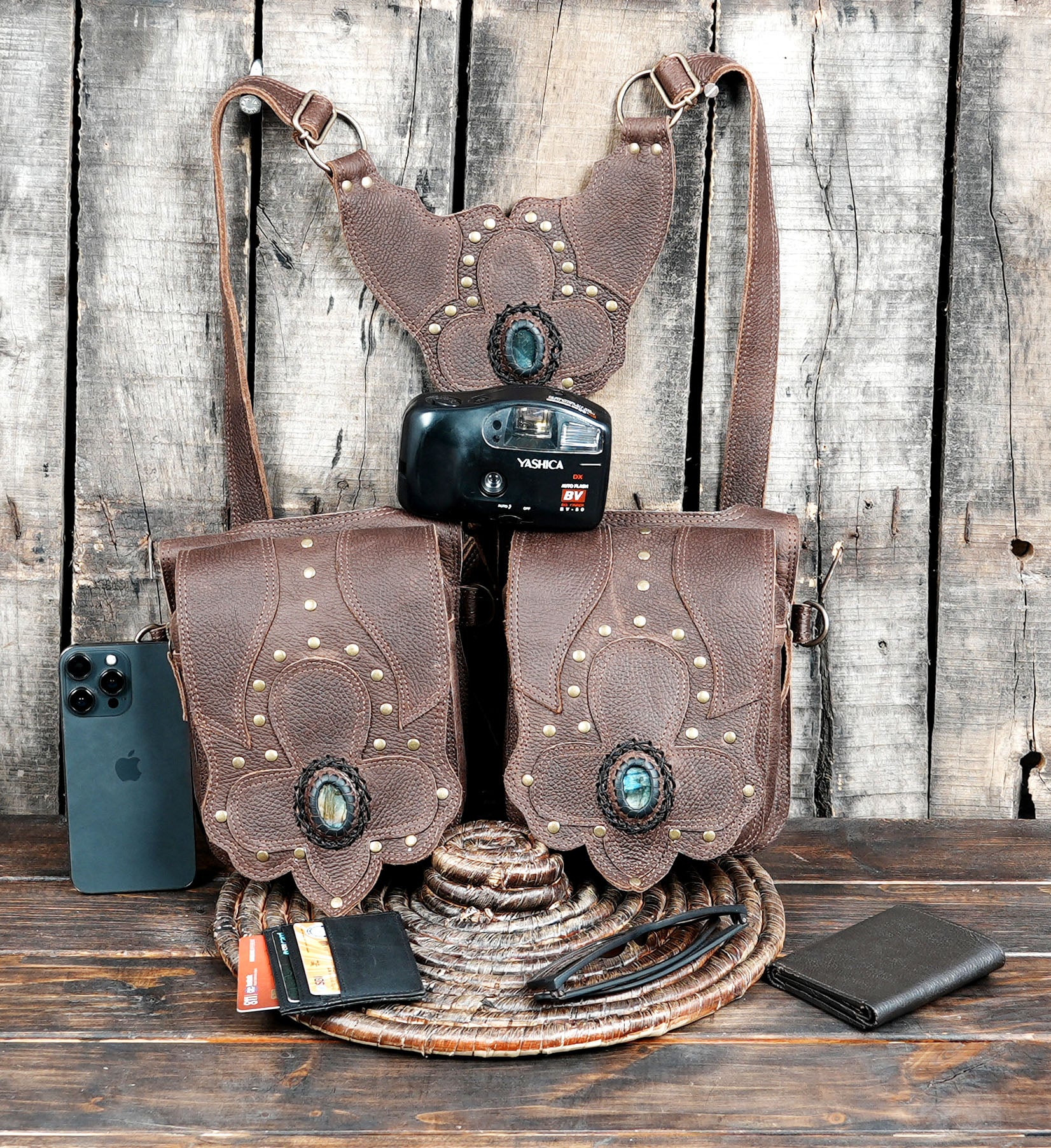 Festival-ready leather utility belt with gemstone inlay