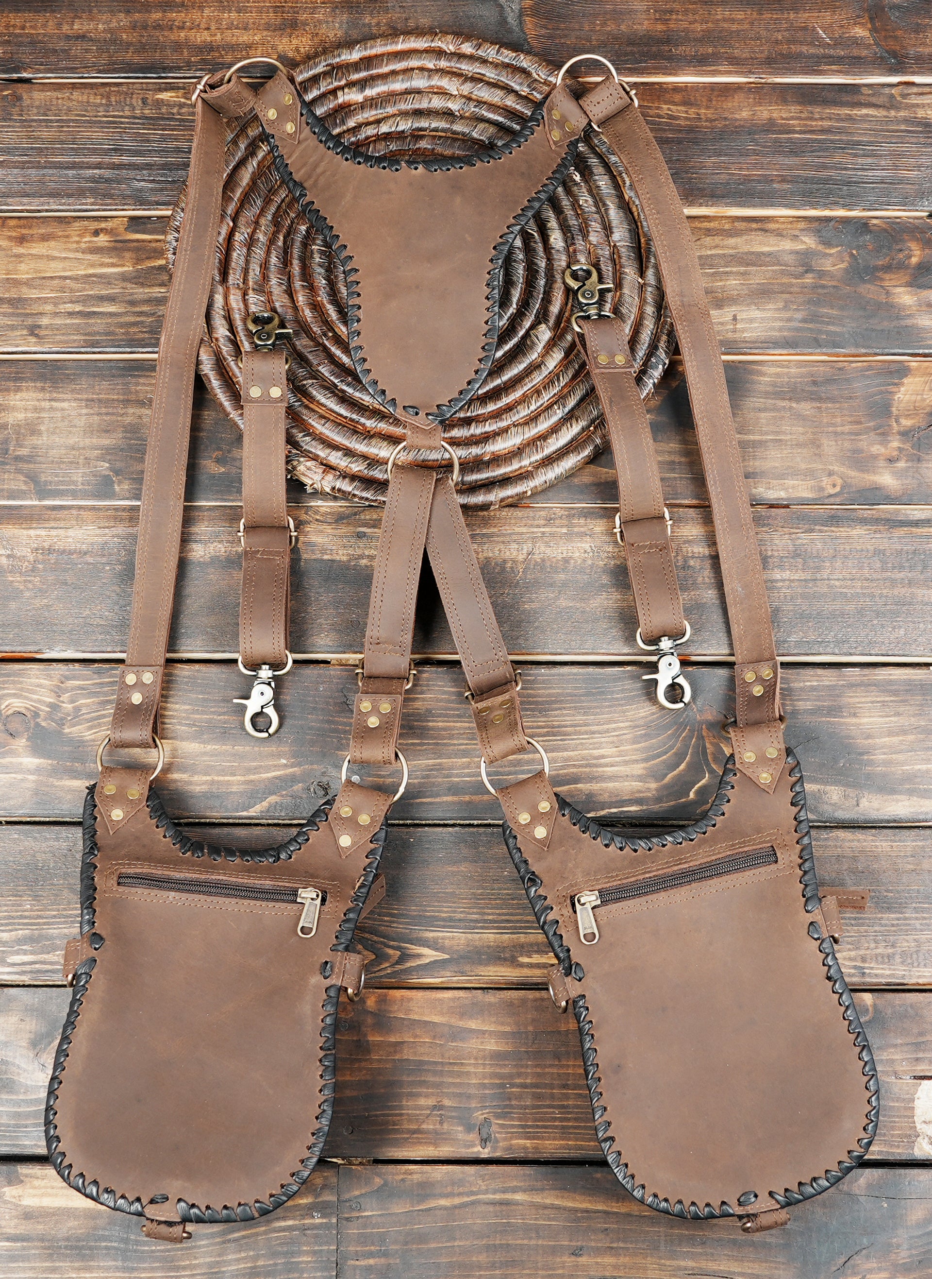 Handmade leather chest bag with secure buckle straps