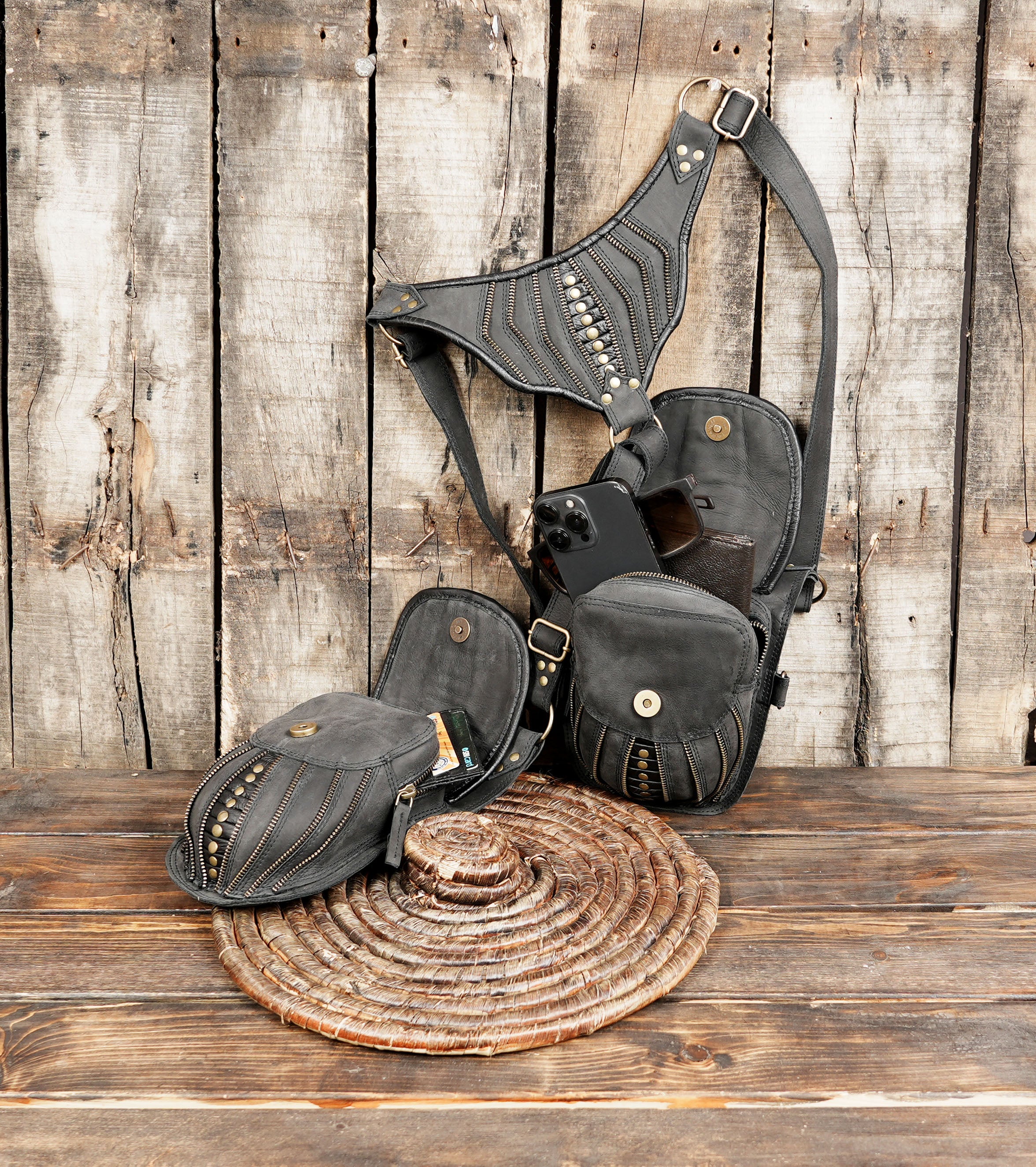 Gothic Inspired Leather Holster with Dual Storage || Decorative Leather Festival Holster Harness (LT-AB-HLS-6104)
