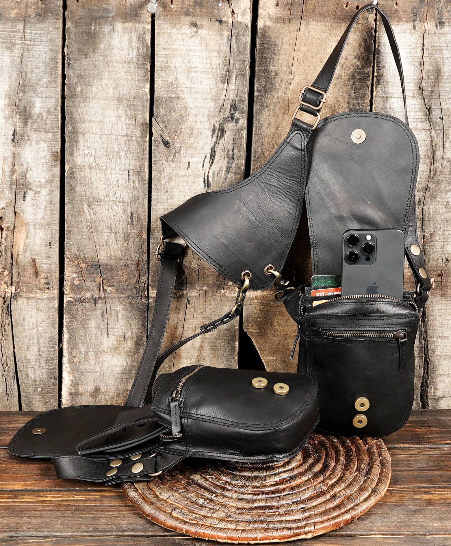 Unisex black leather utility holster with adjustable straps