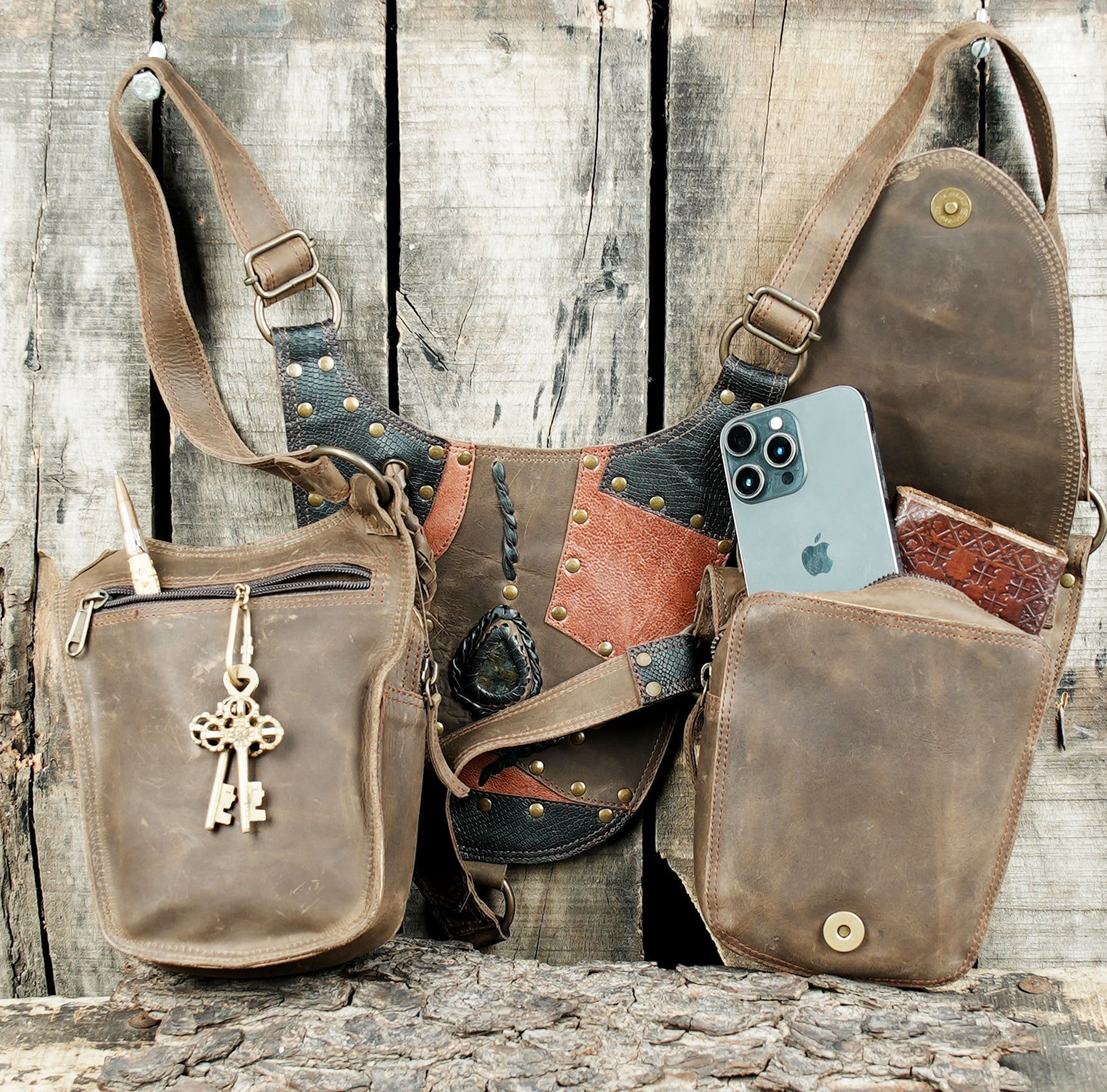 “Festival-ready patchwork leather holster with gemstone centerpiece”