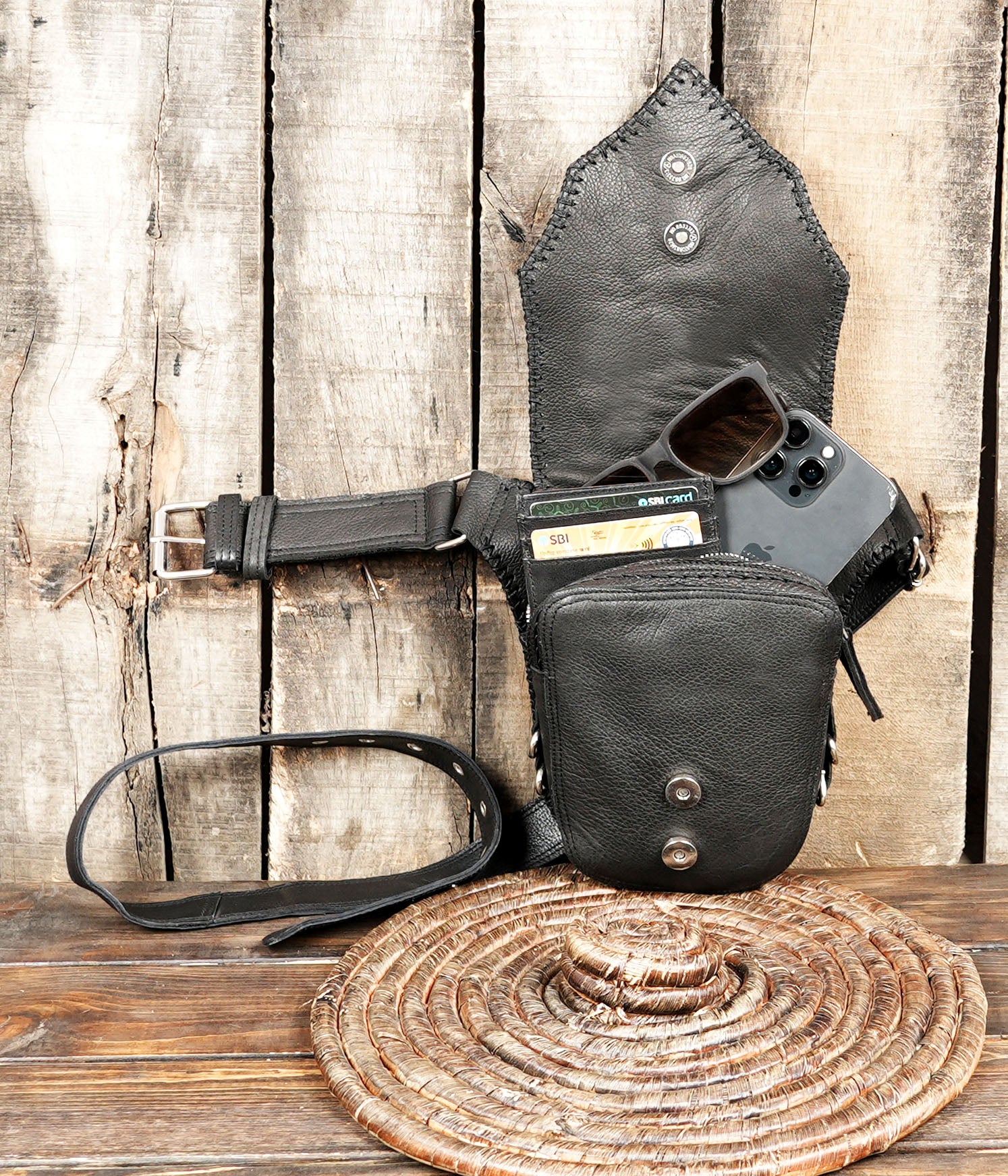 Artisan leather waist belt with horn centerpiece design