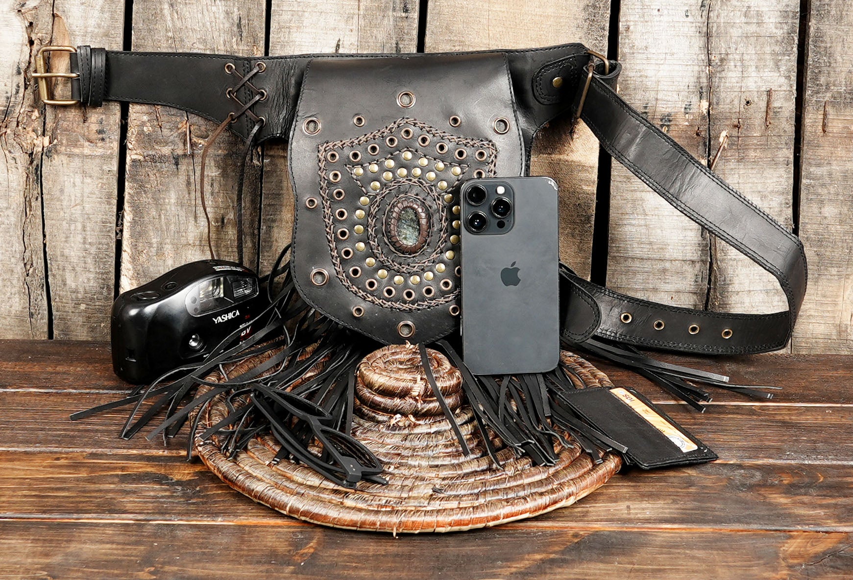 Handmade Genuine Leather Waist Belt with Gemstone || Gothic Boho Leather Belt Bag with Stone Centerpiece (LT-AB-WB-6124)