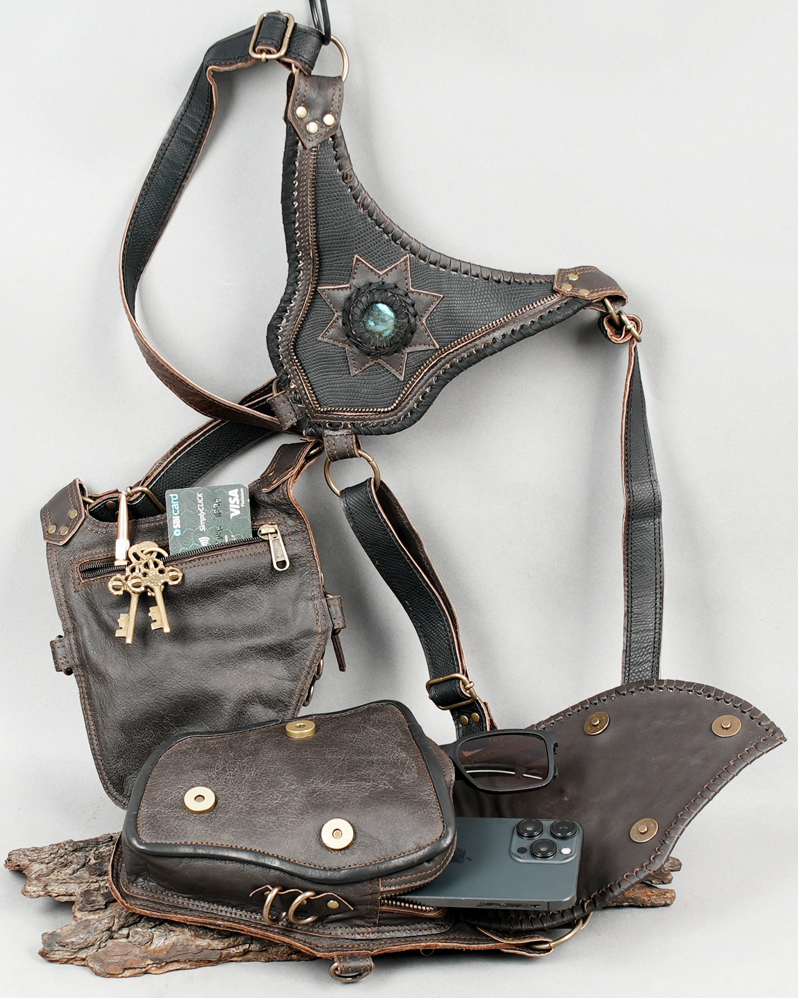 Artisan leather holster with tribal star embellishment