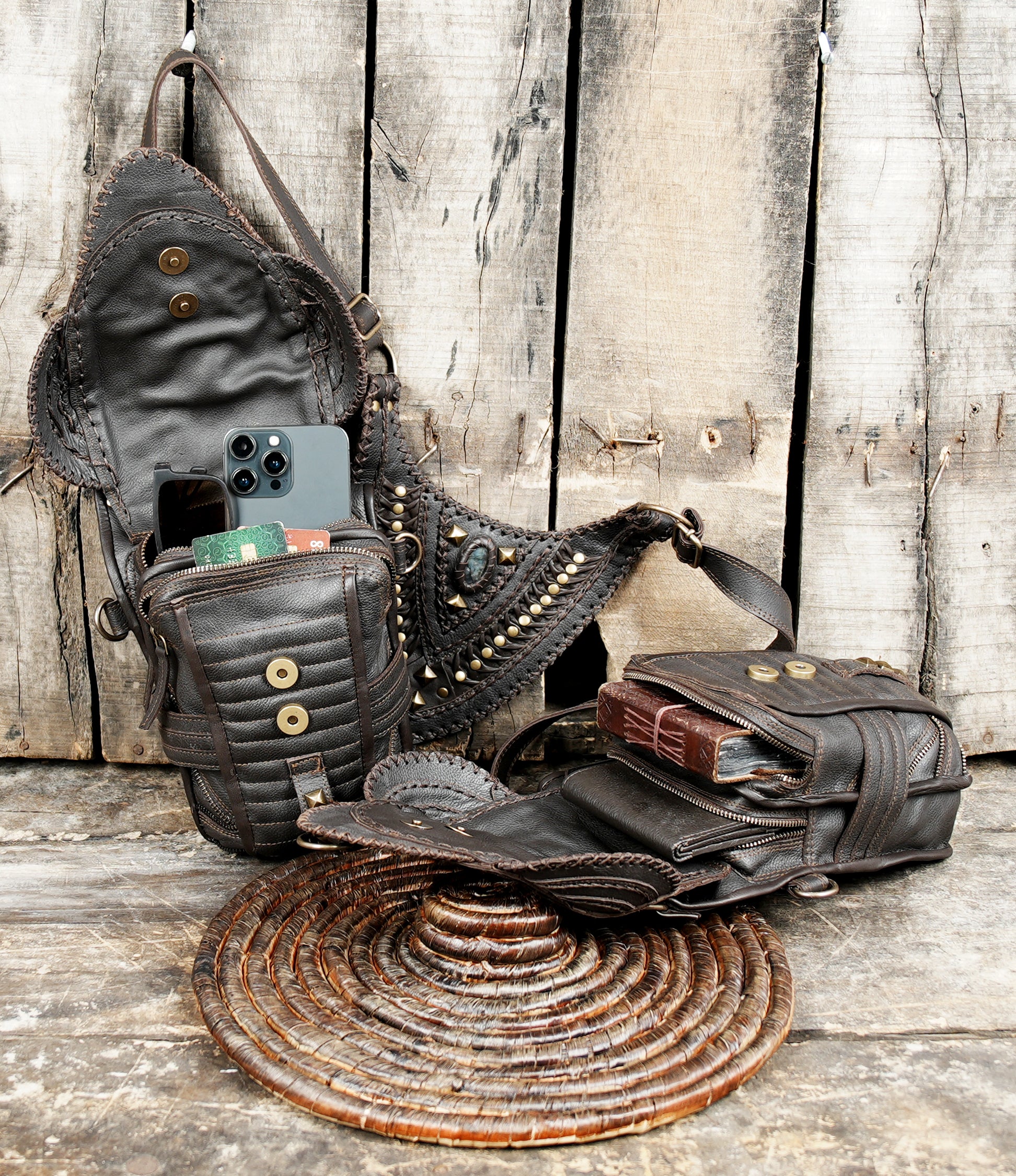 “Handmade double pouch leather holster with embossed tribal patterns”