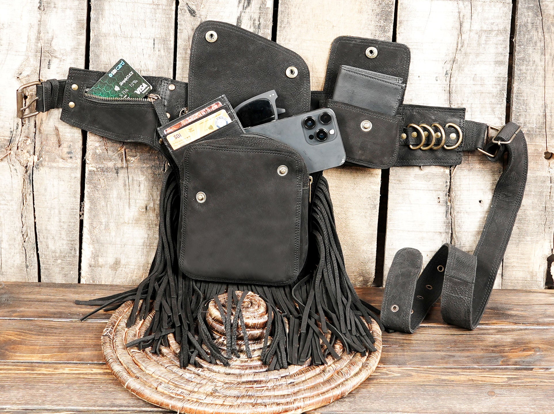 Handmade cotton waist bag with multiple secure snap pockets