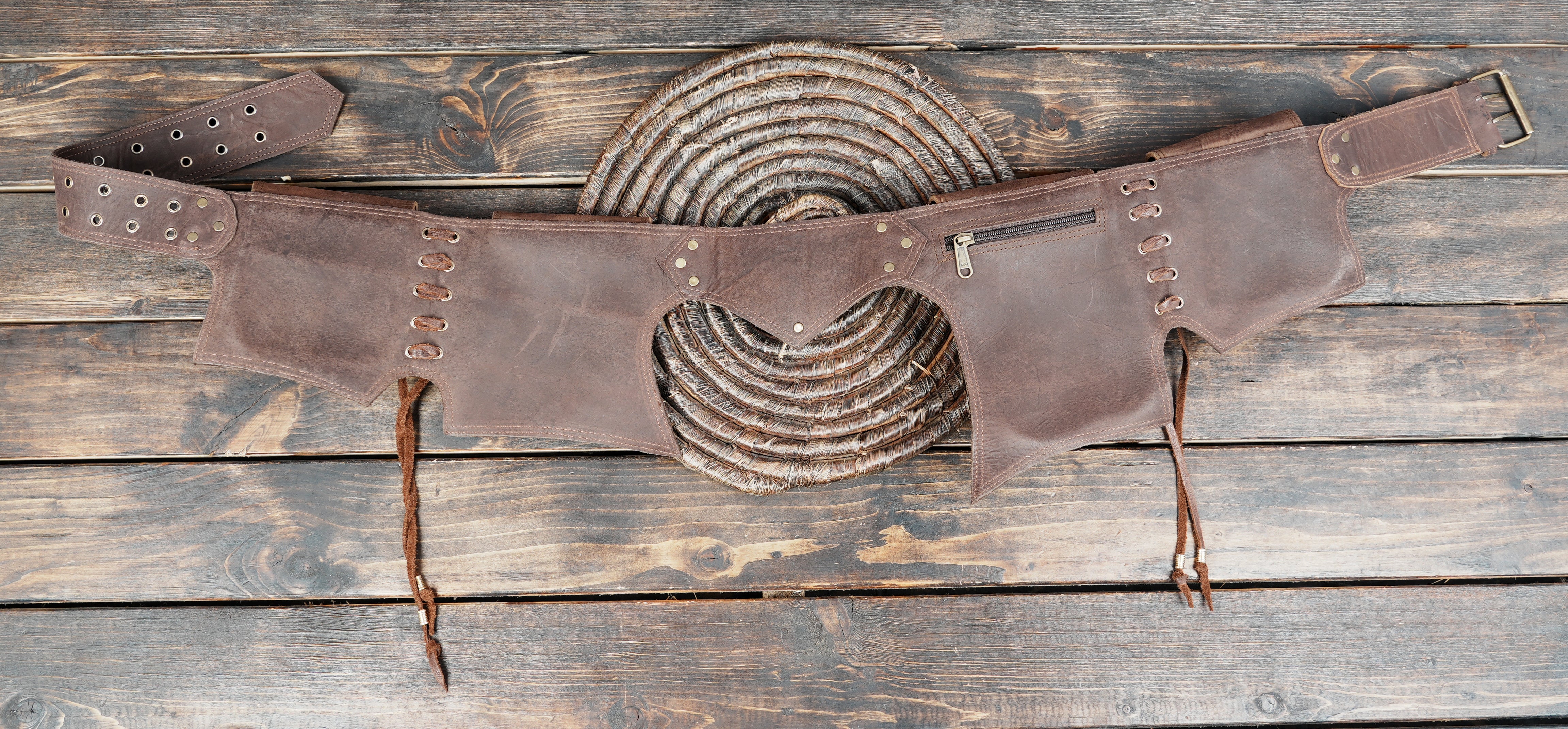 Decorative leather waist belt with lace-up detail