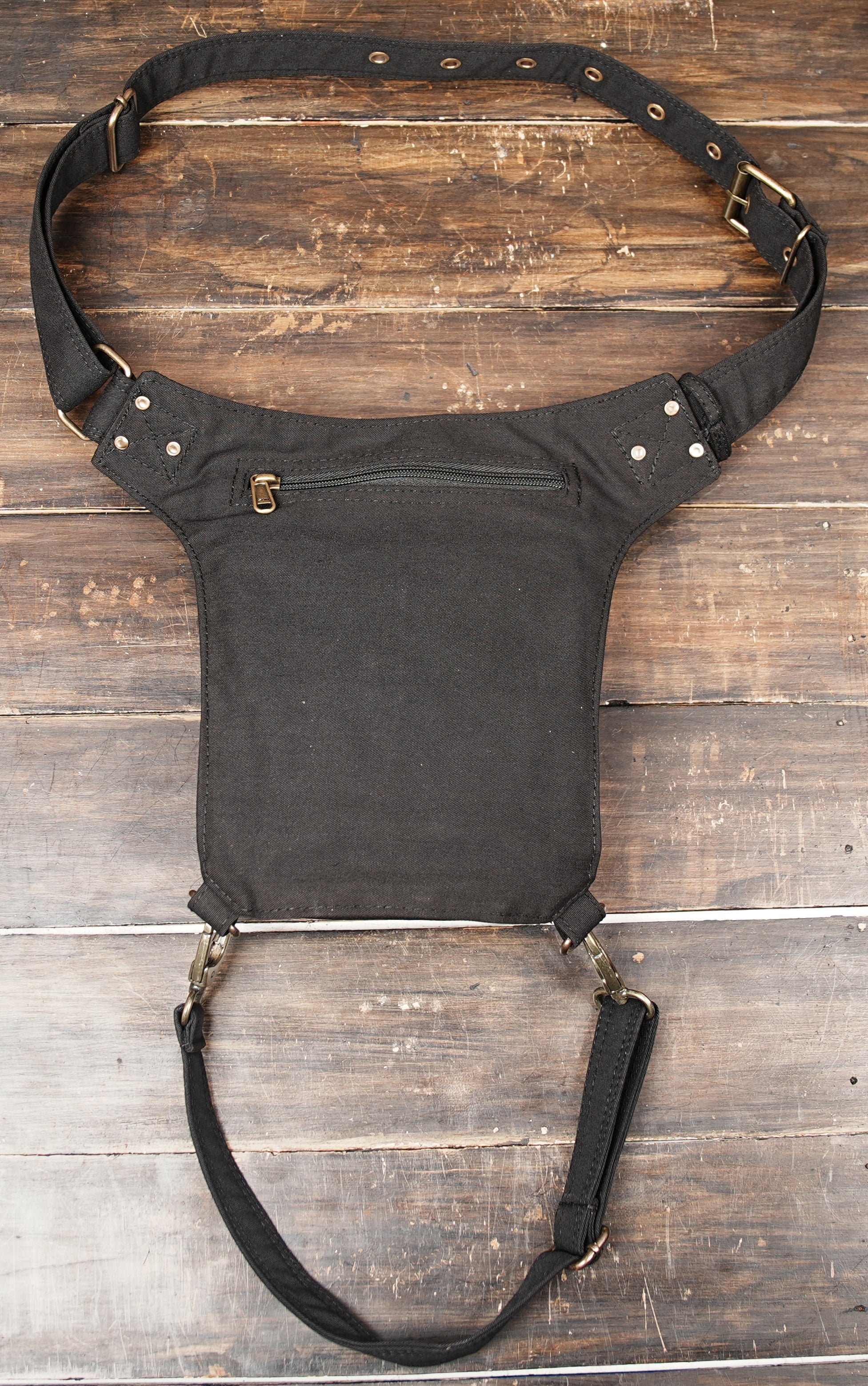 Festival hip pack with leg fastener in durable washed cotton canvas and dark lace.