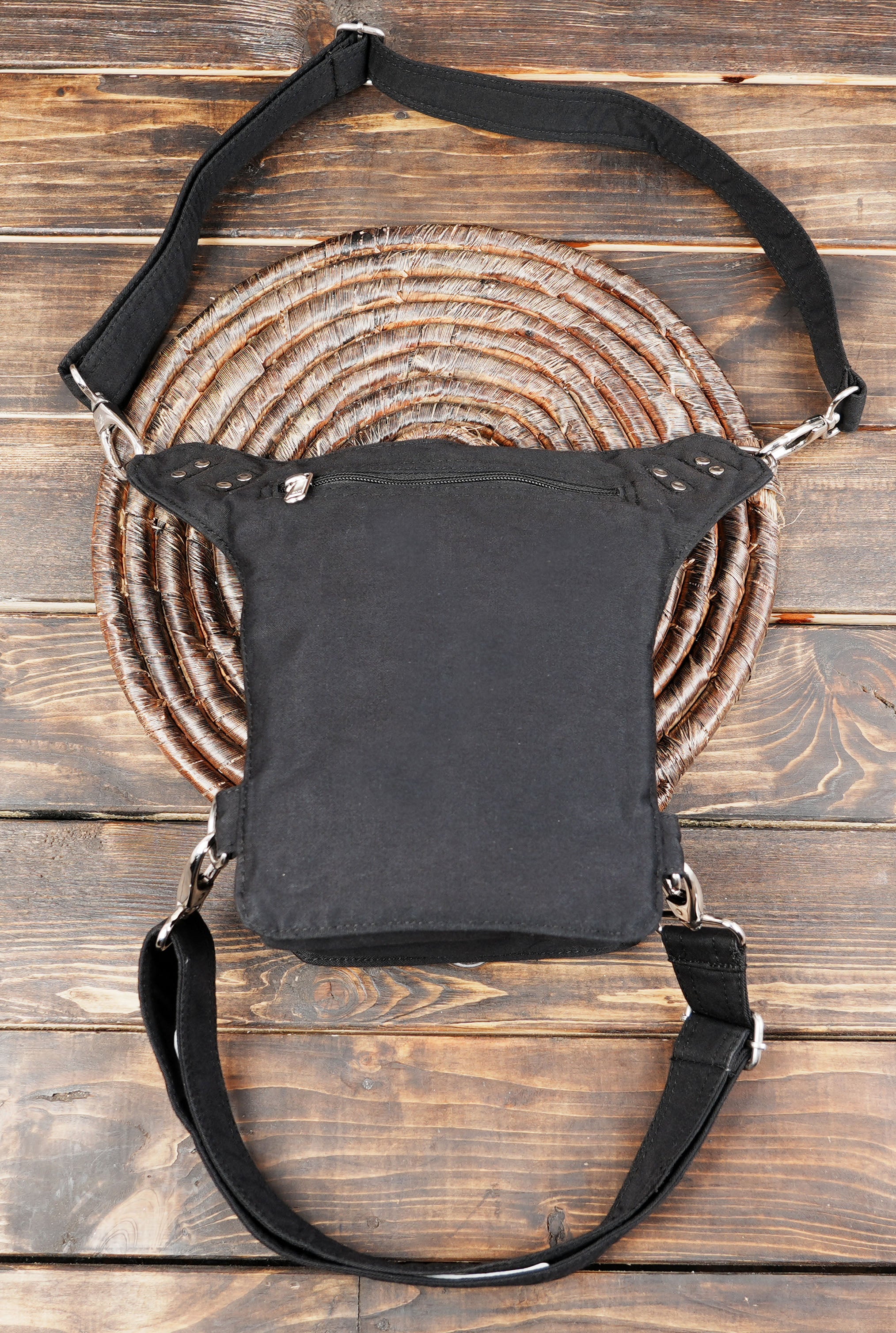 Cotton waist pouch with silver rings and secure zippered compartments