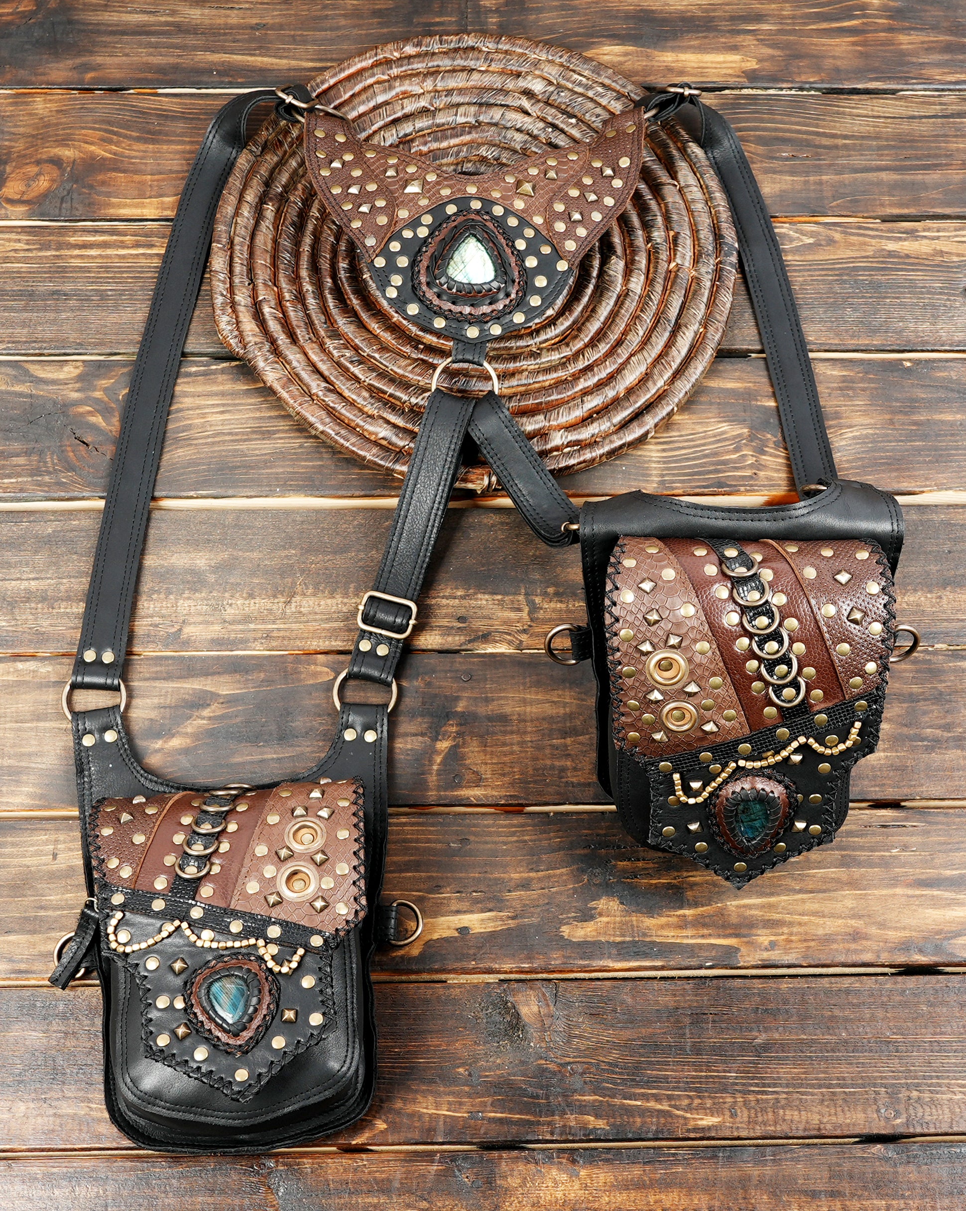 Steampunk inspired leather holster with dual storage pouches
