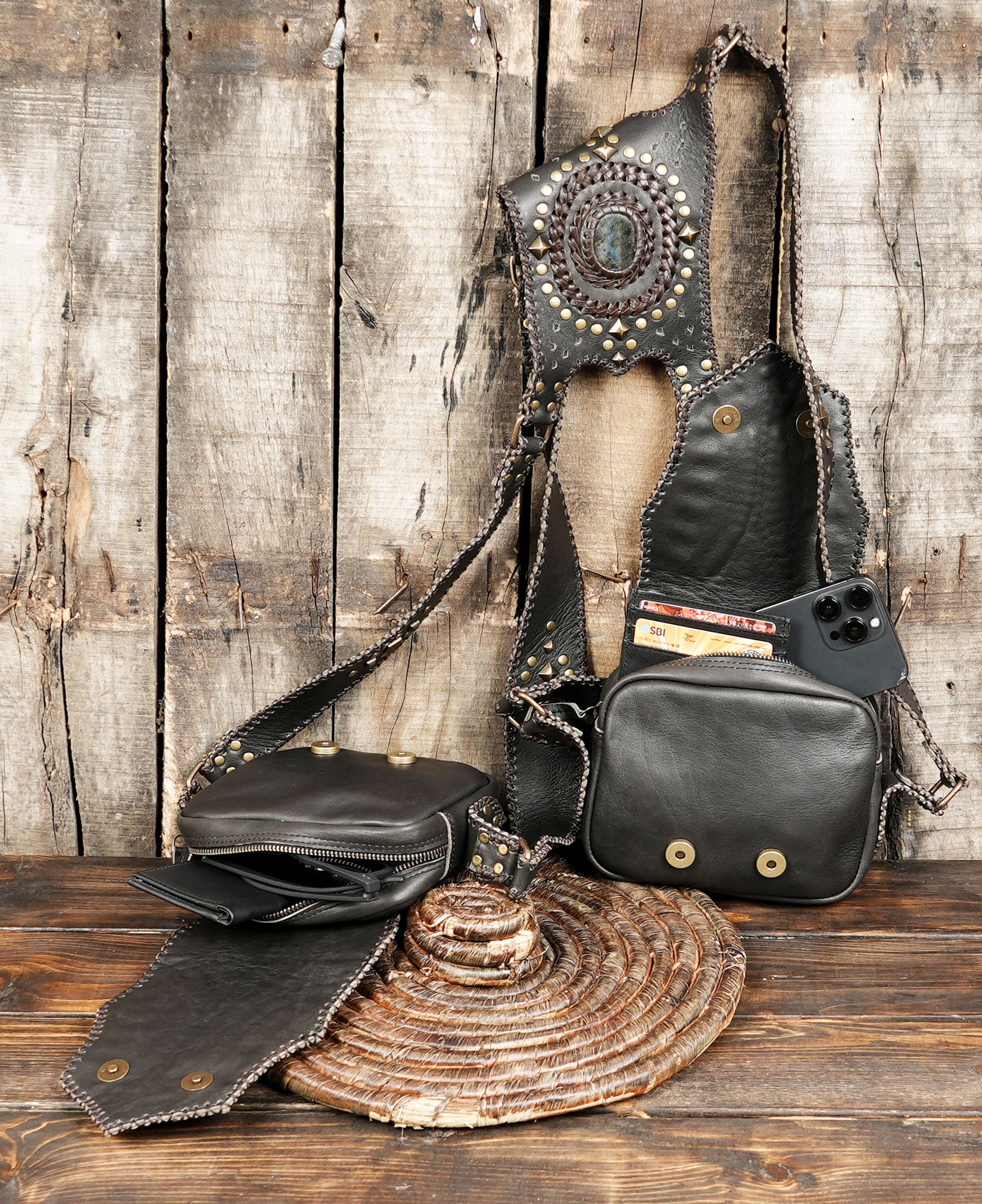 Handmade steampunk leather crossbody harness with metal studs