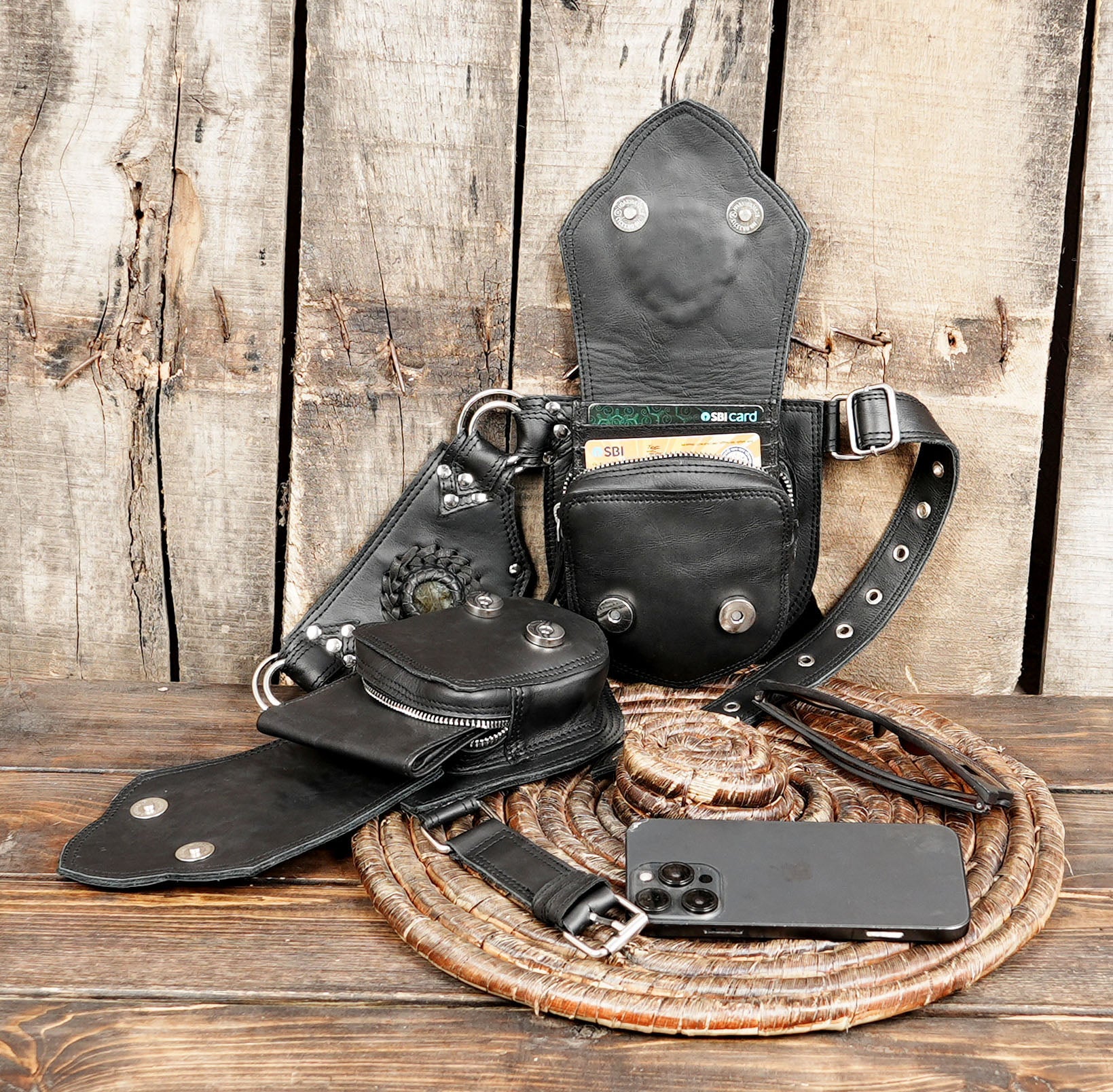 Handmade Black Leather Waist Belt with Gemstone Accents || Leather Waist Belt with Dual Storage Pouches and Metal Rings (LT-NS-WB-6046)