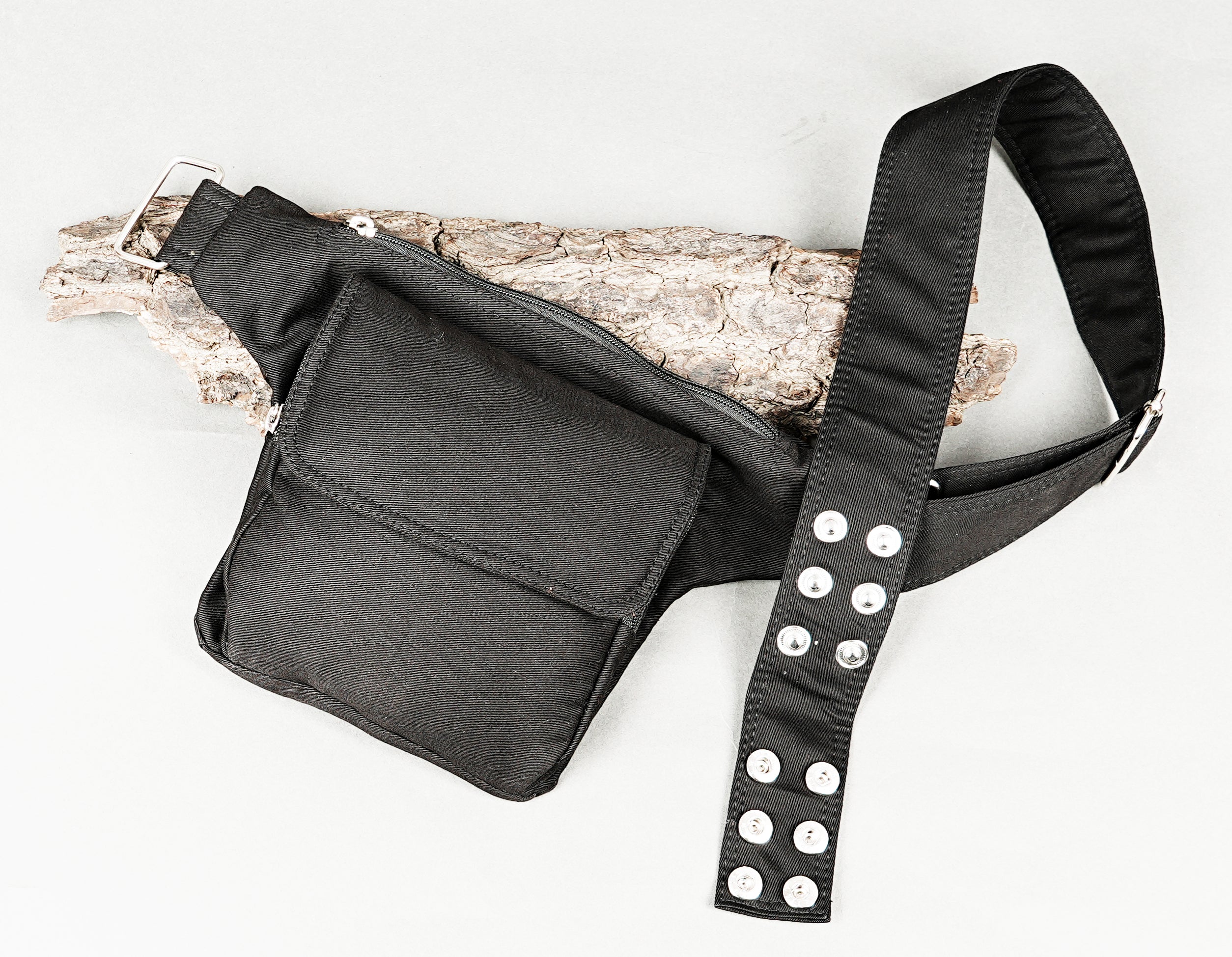 Edgy black utility hip belt with a gothic and steampunk aesthetic.