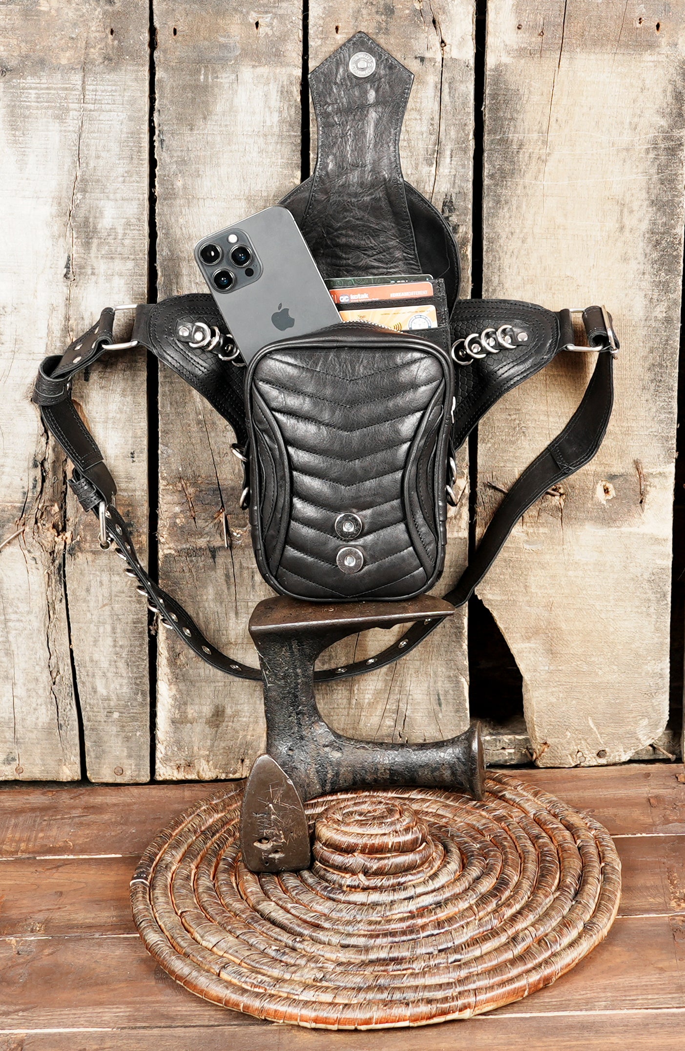 Black leather belt pouch for travel and festivals