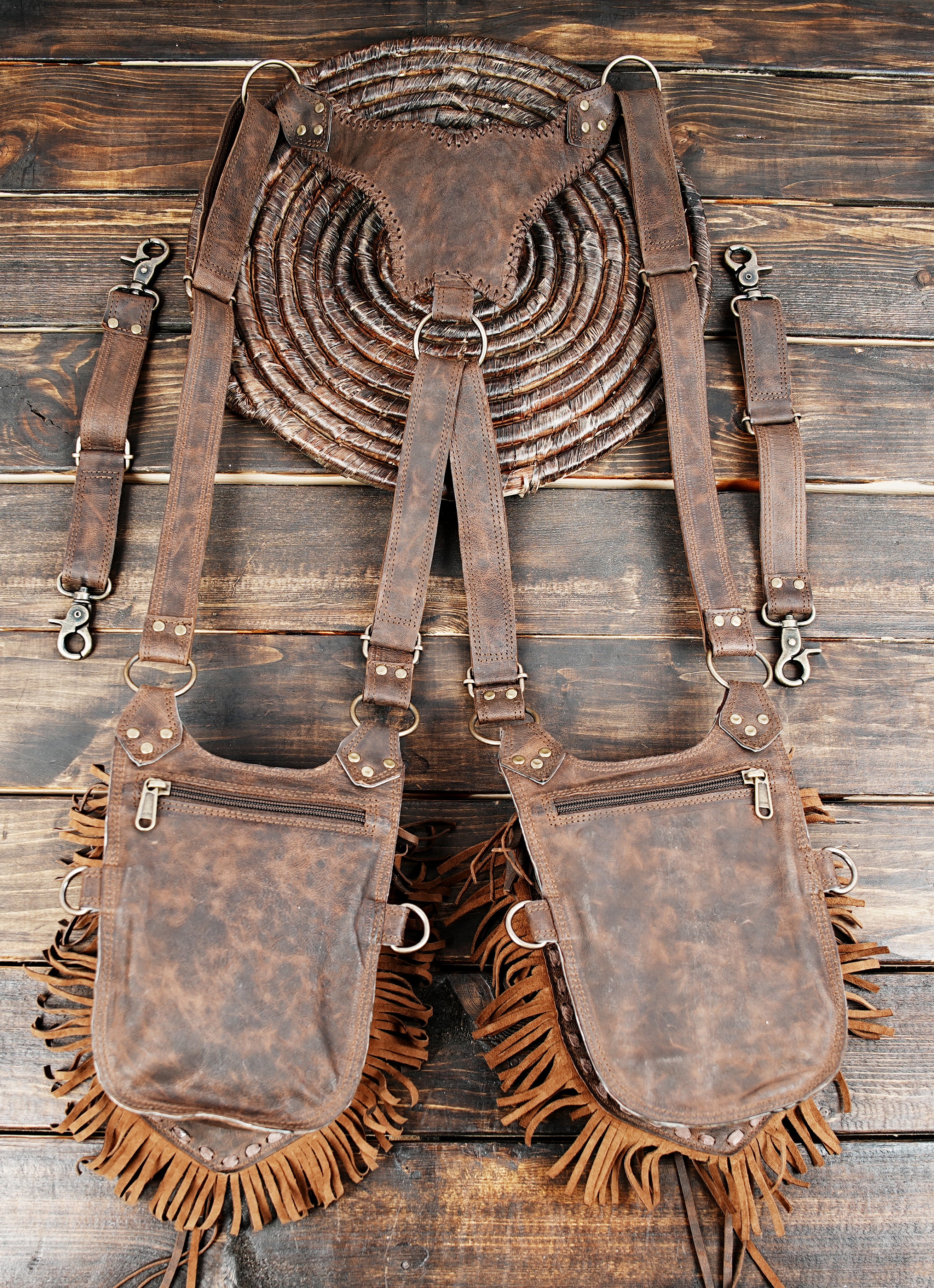 Harness Double Side Shoulder Bag In brown Textured Leather with zipper