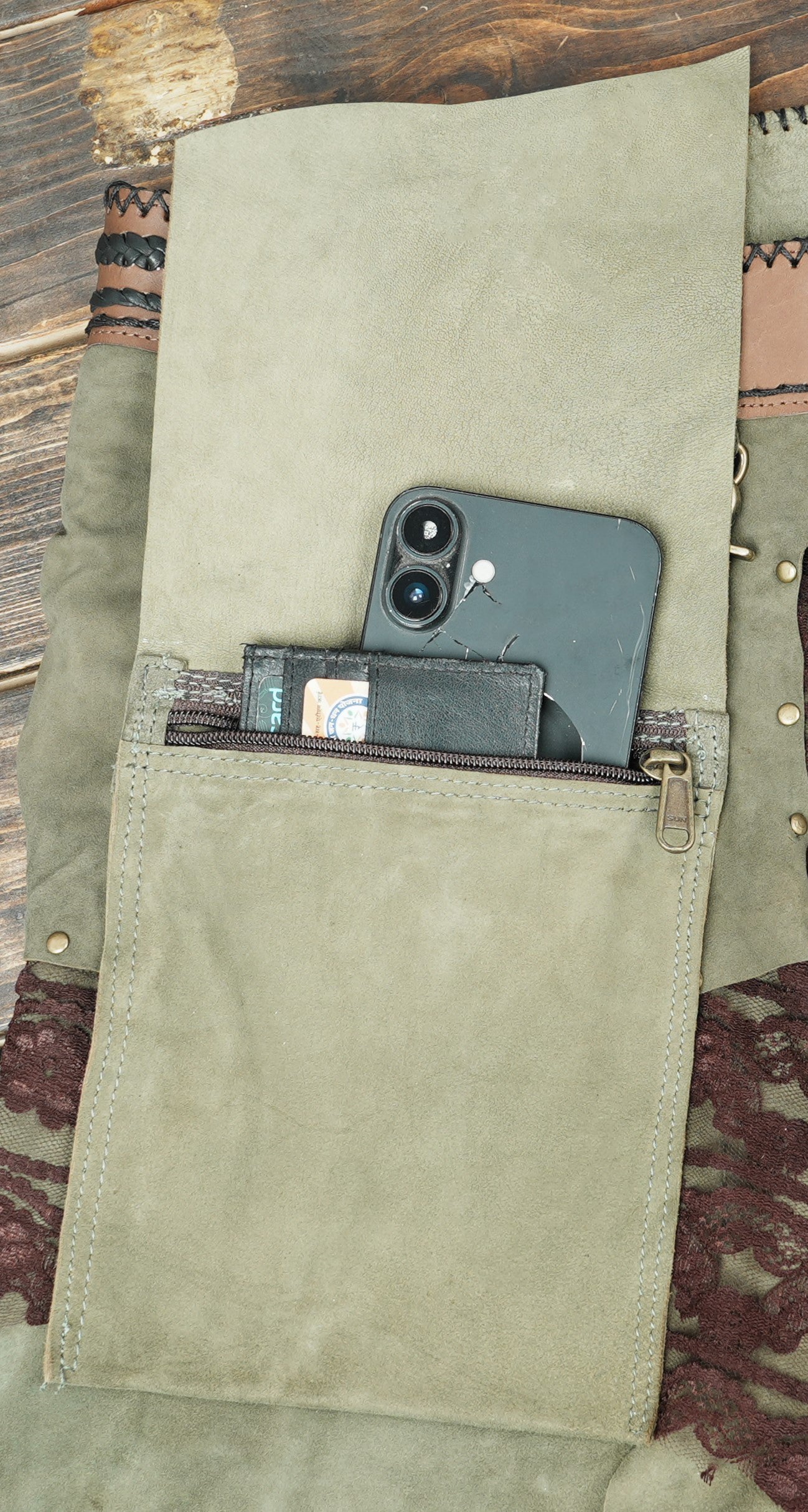 Boho leather skirt with lace panel and pouch