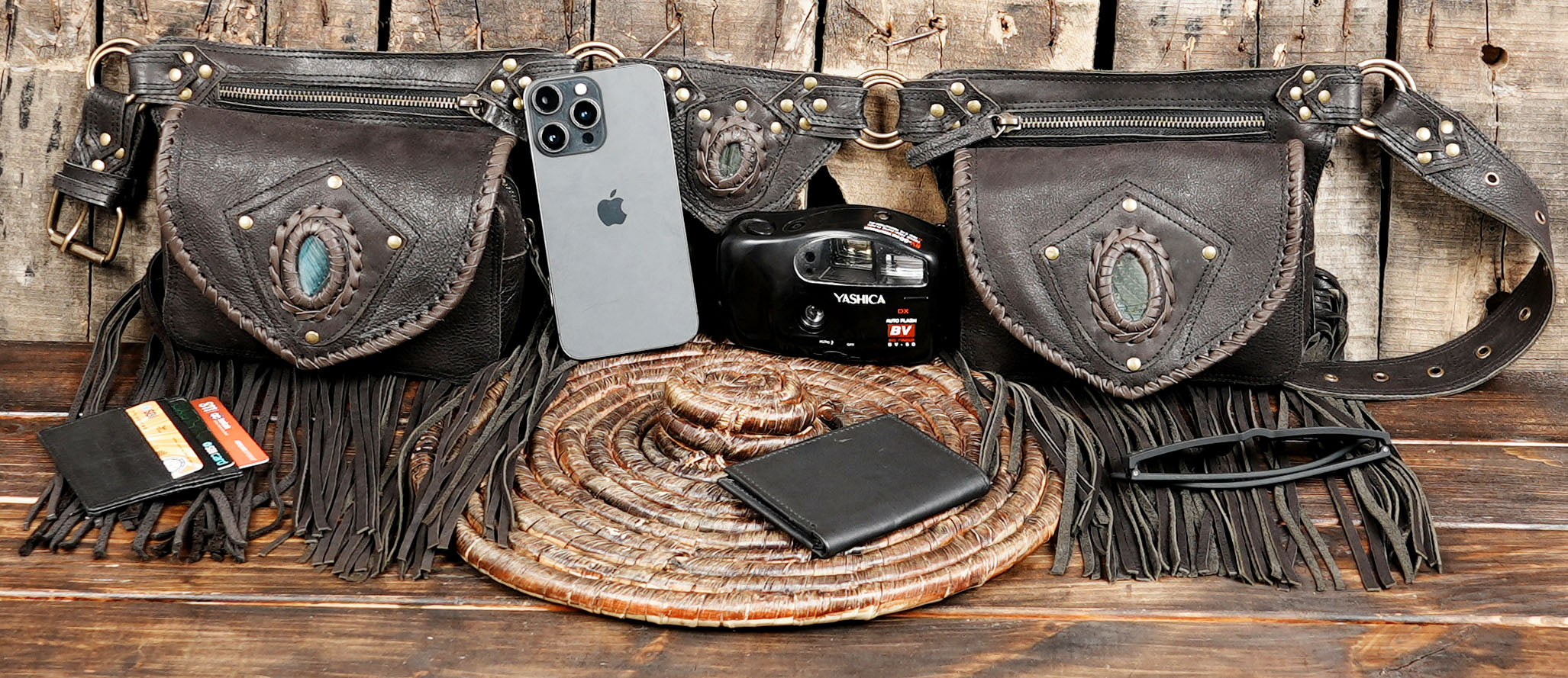 Tribal-inspired leather utility belt with long fring