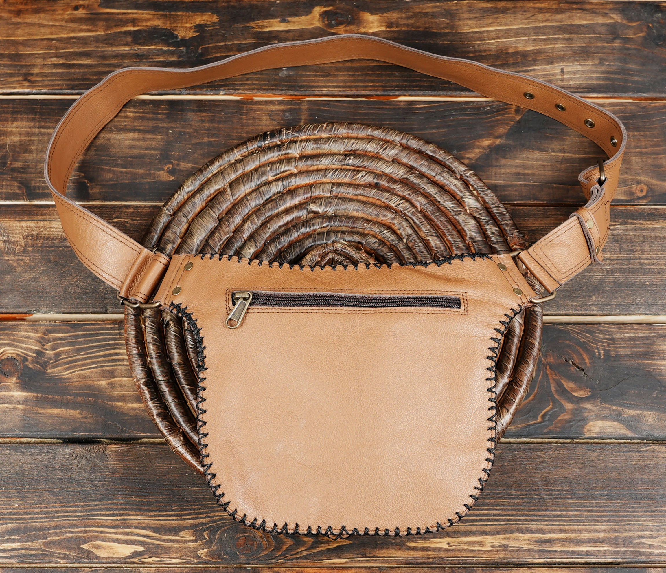 Unique handmade leather waist bag with gemstone and studded patterns