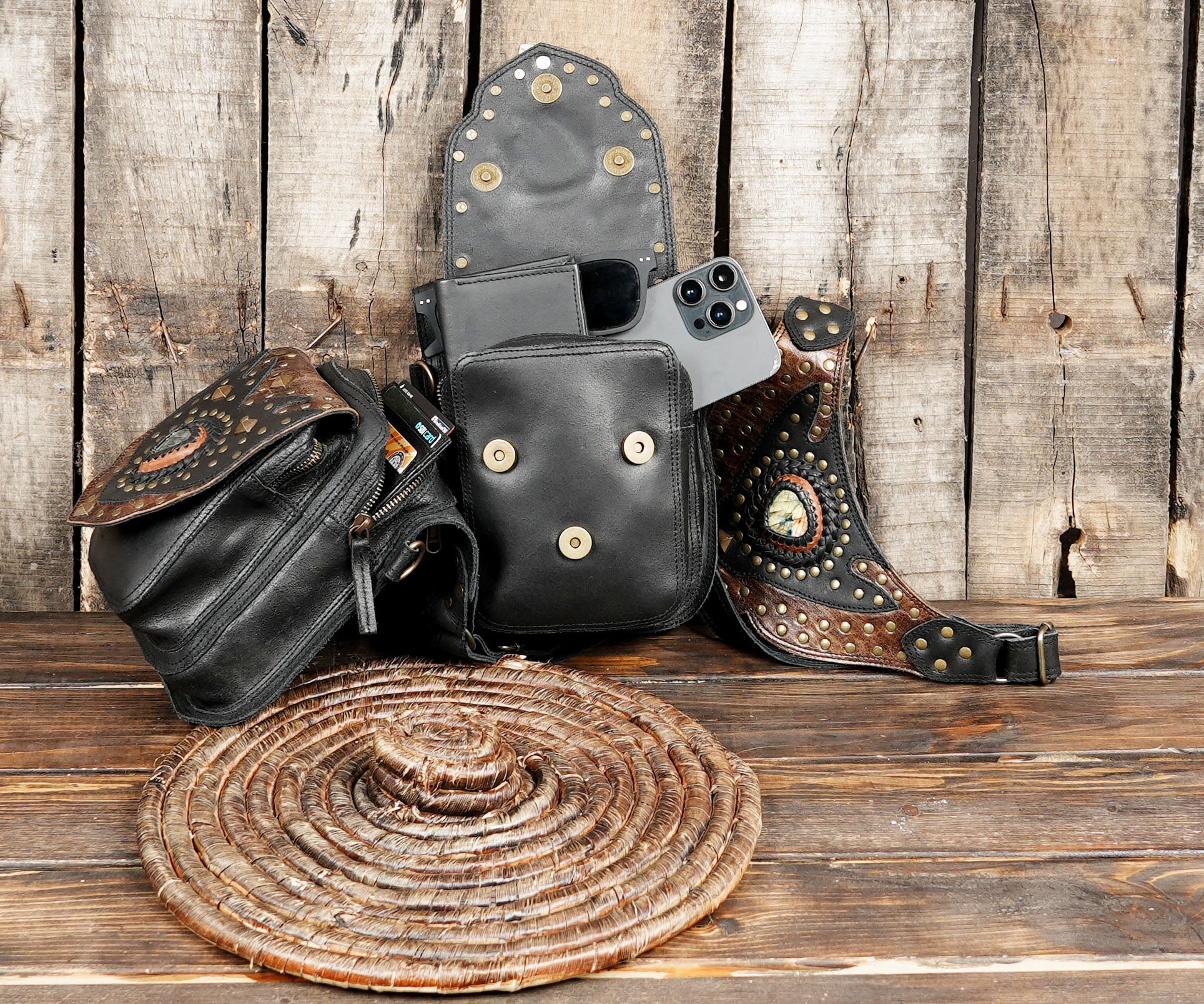 “Leather harness holster with sculpted flap design and brass hardware for festival or cosplay”