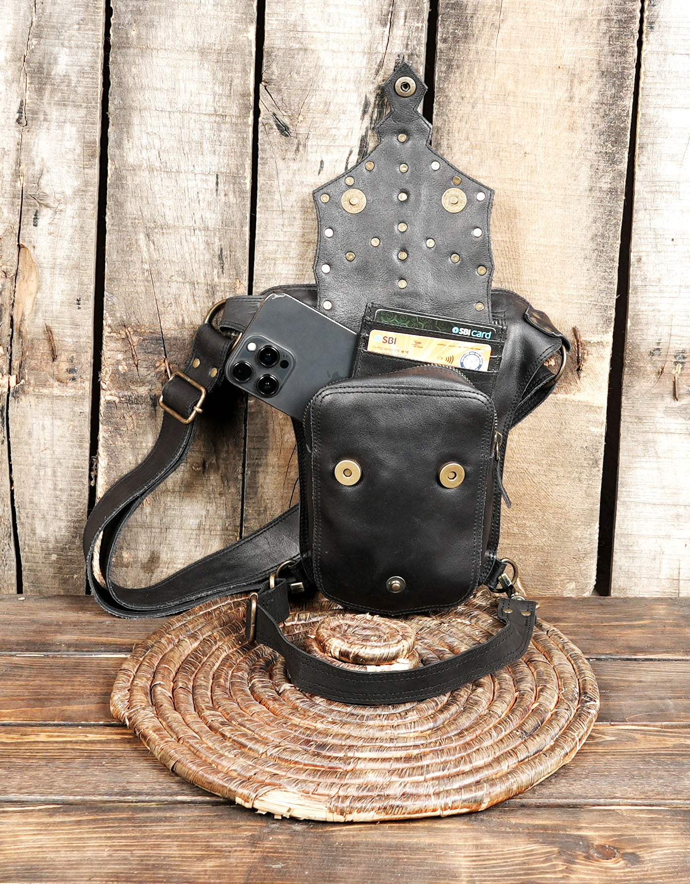 Handmade Leather Waist Thigh Belt with Studded Panel || Steampunk Leather Waist Thigh Belt (LT-AB-WBTS-6023)