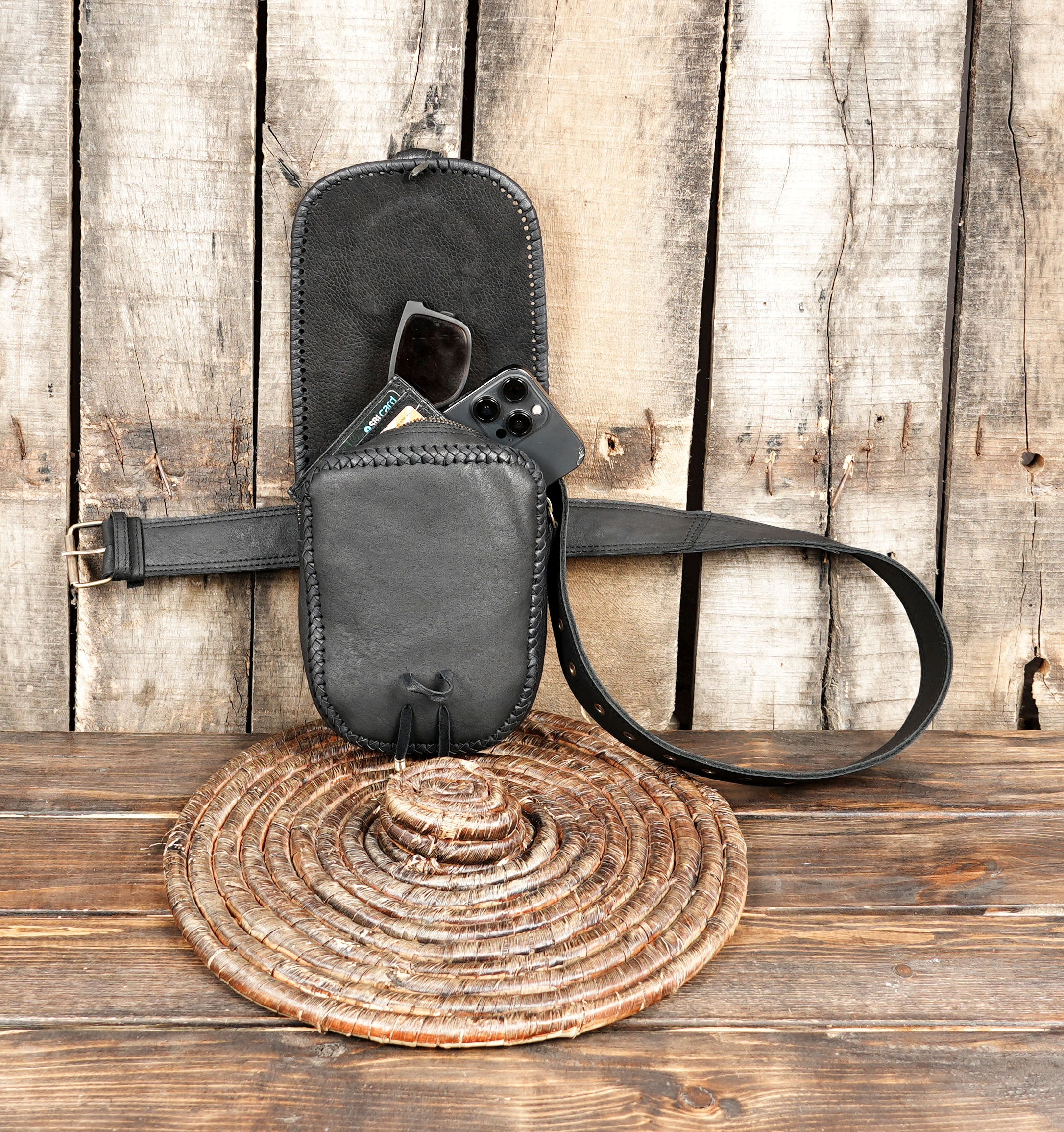Buy Handmade Black Leather Belt Bag: Gemstone Fanny Pack, Tribal Boho Style 