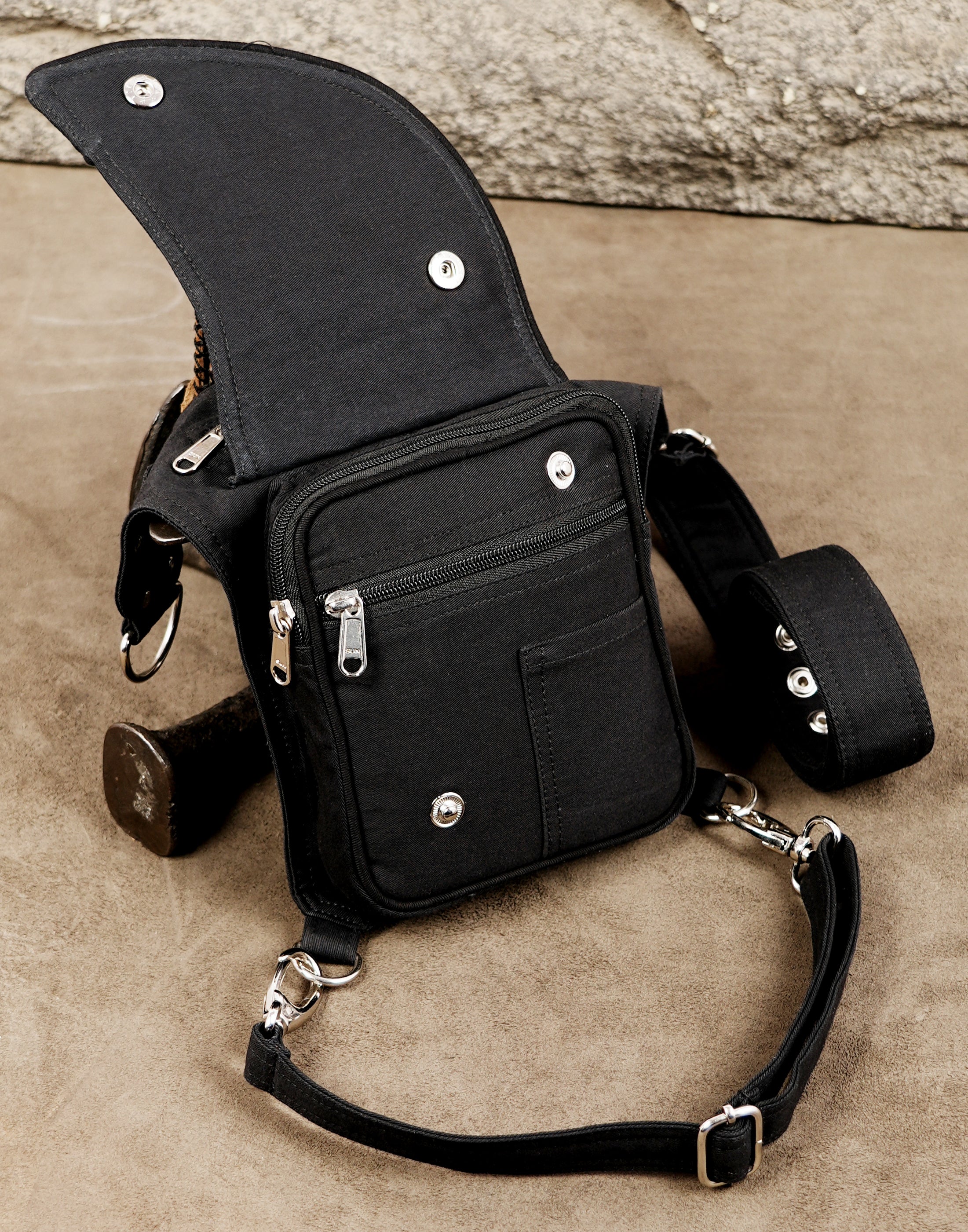 Boho festival waist belt bag with thigh strap in black