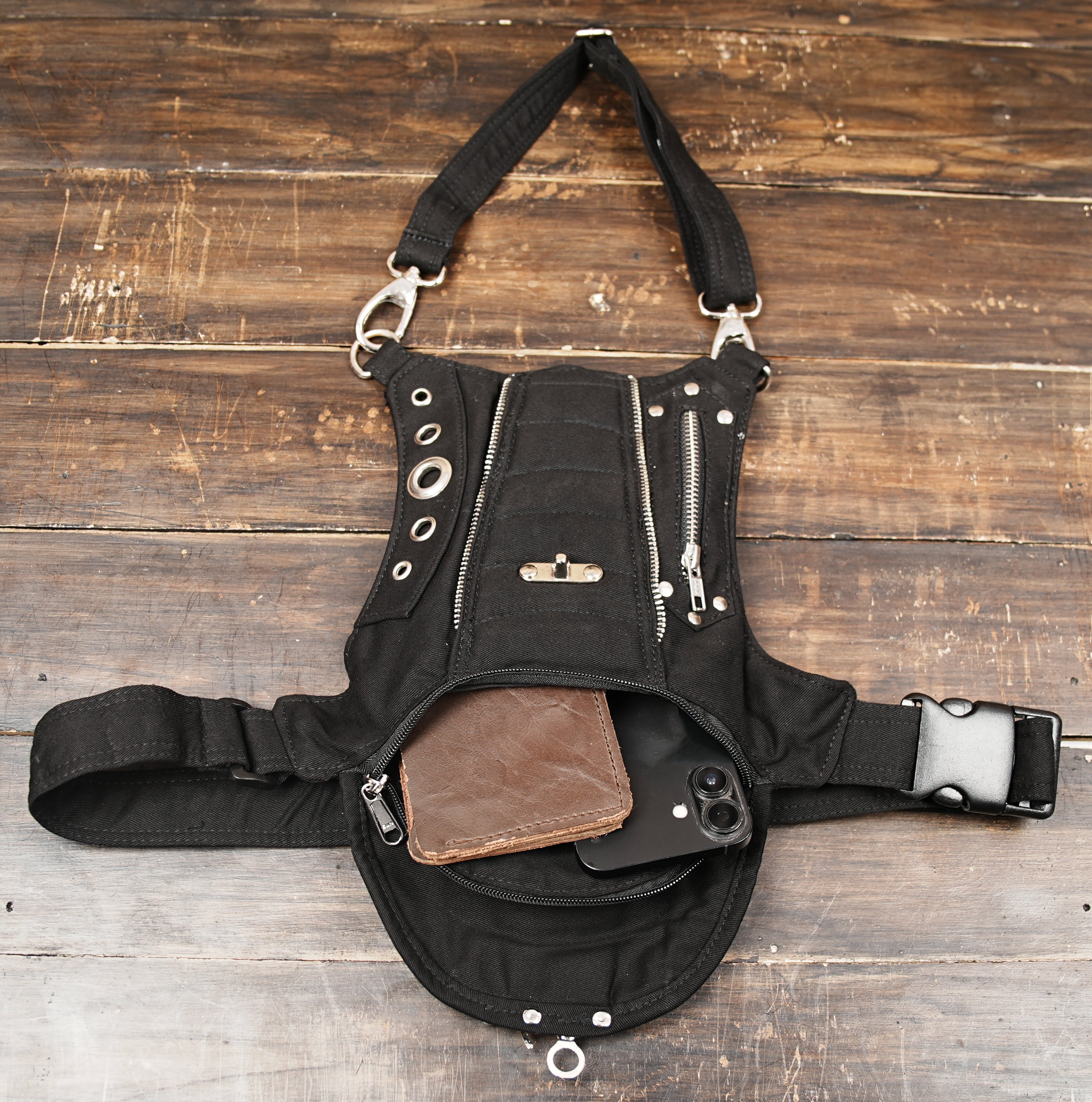 Black Cotton Hip Pouch with Leg Strap and Multi Pocket Organization