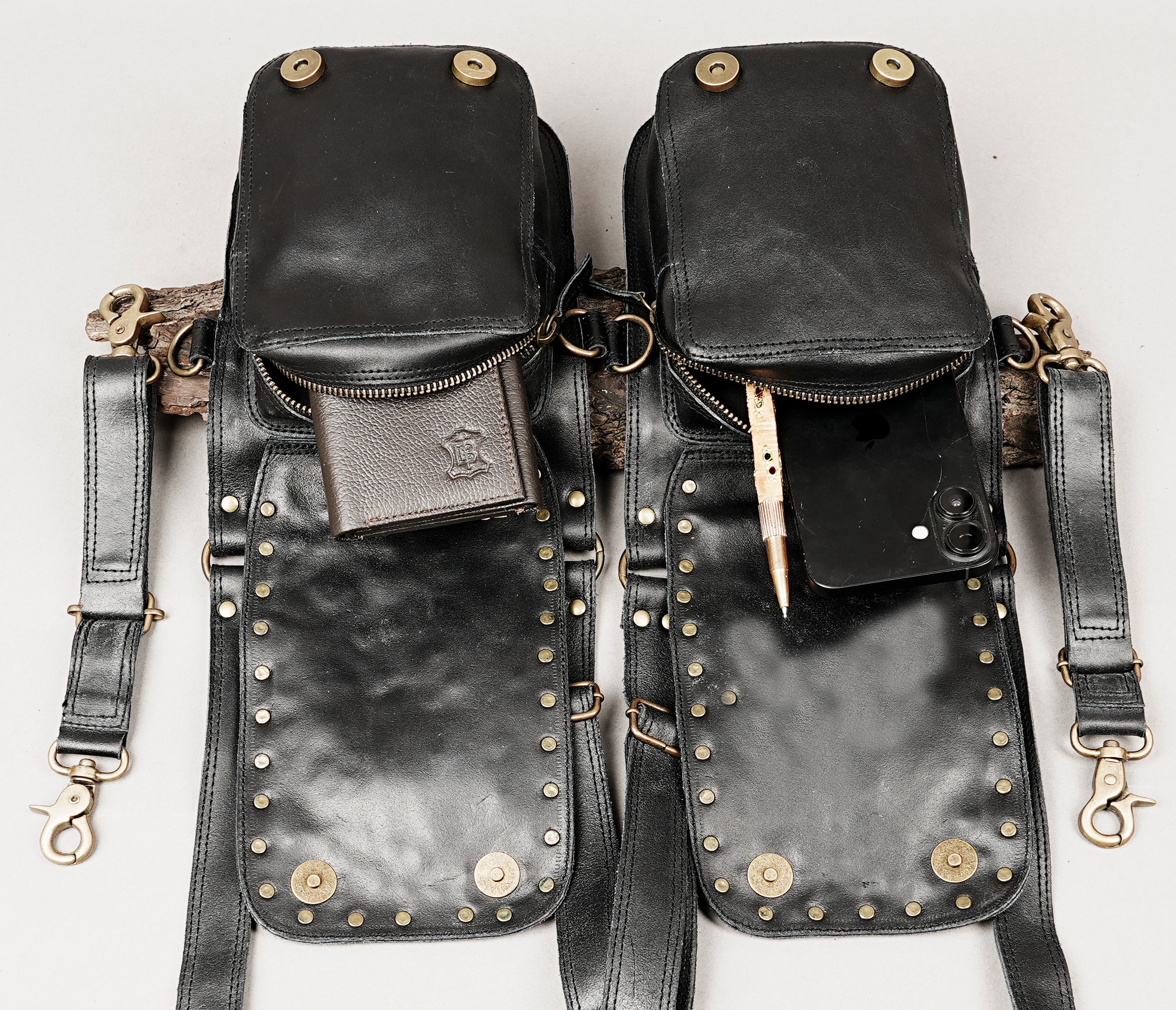 Festival leather holster set with detachable pouches and rustic finish