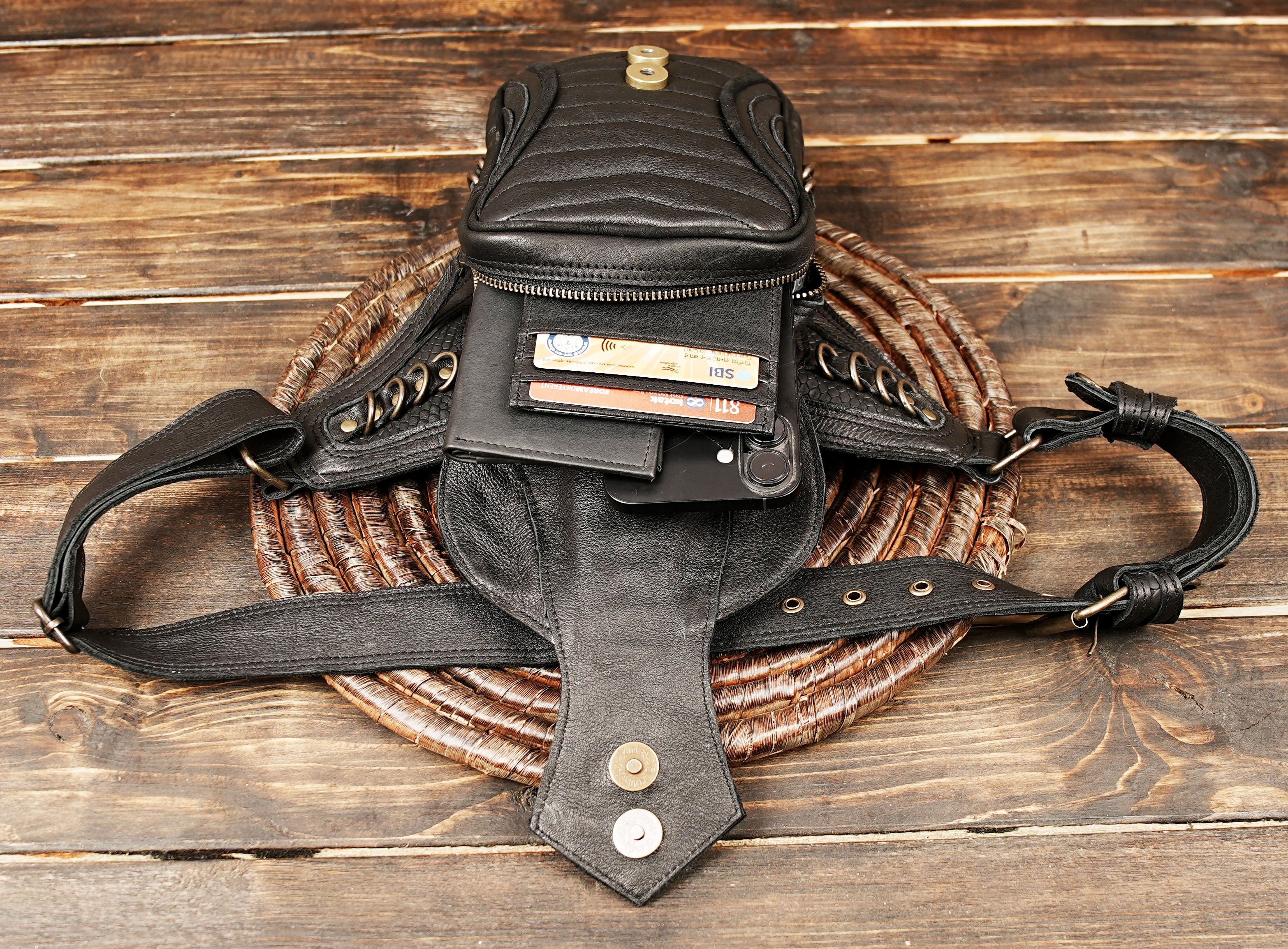 Hand stitched black leather belt with storage pouch