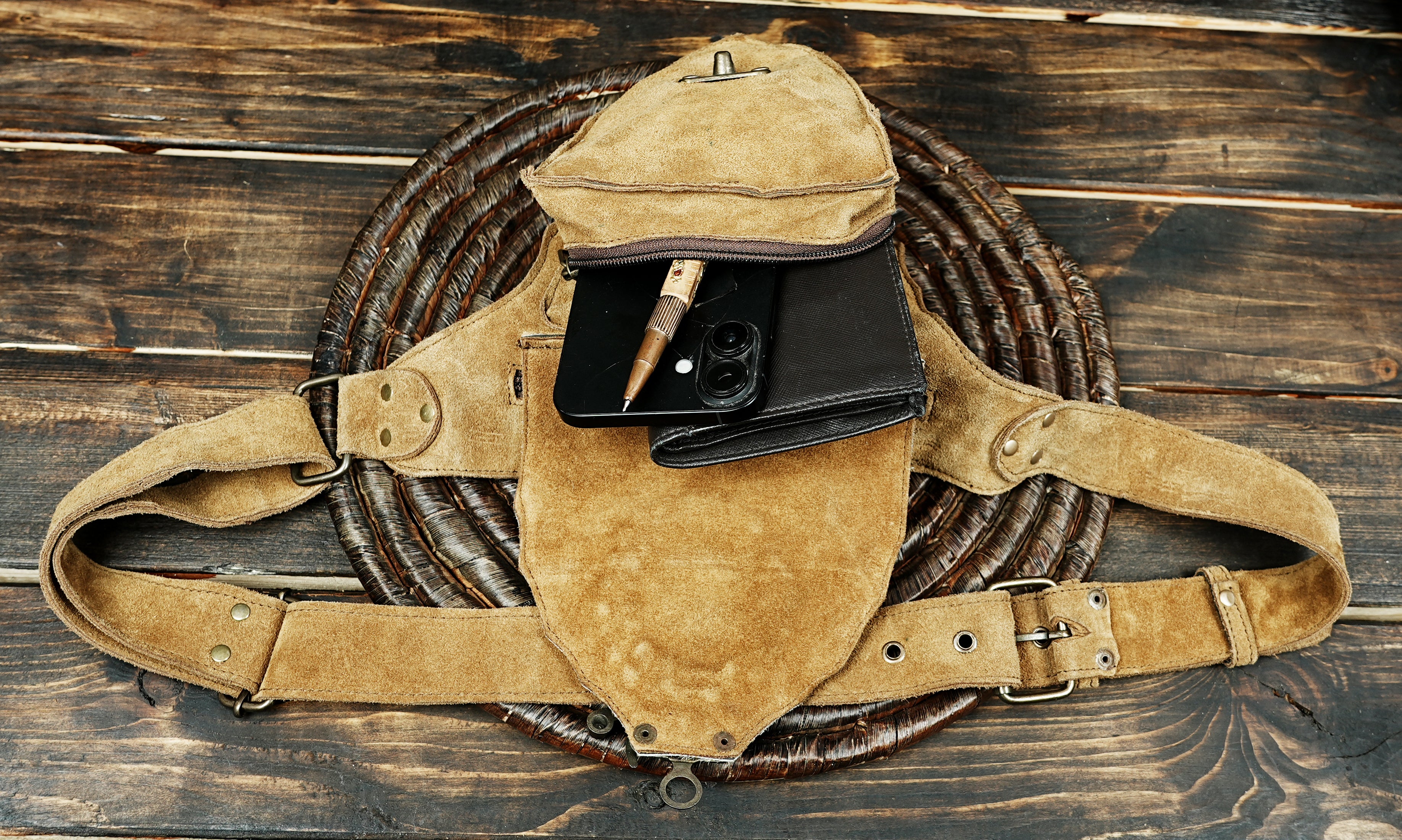 Tribal style leather waist belt with turquoise stone inlay