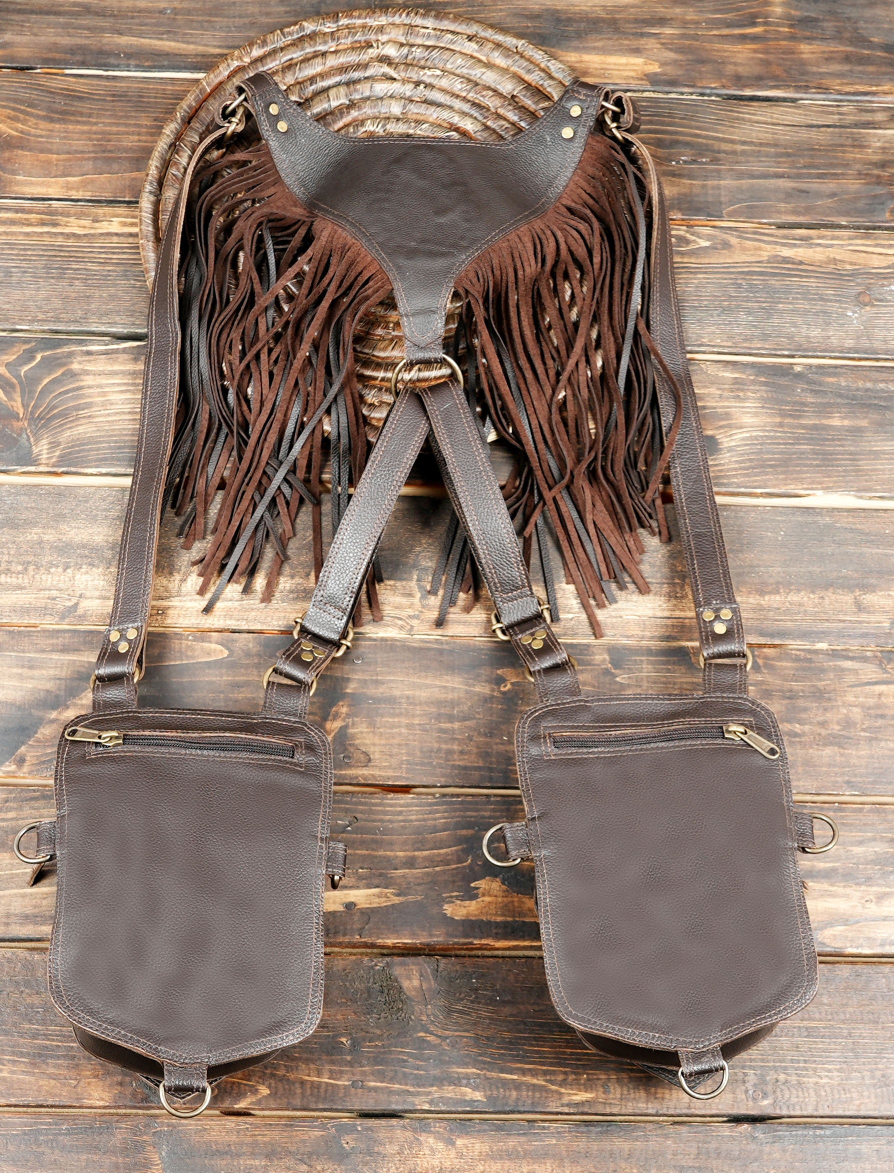 Artisan bohemian leather holster with dual pouches and studs