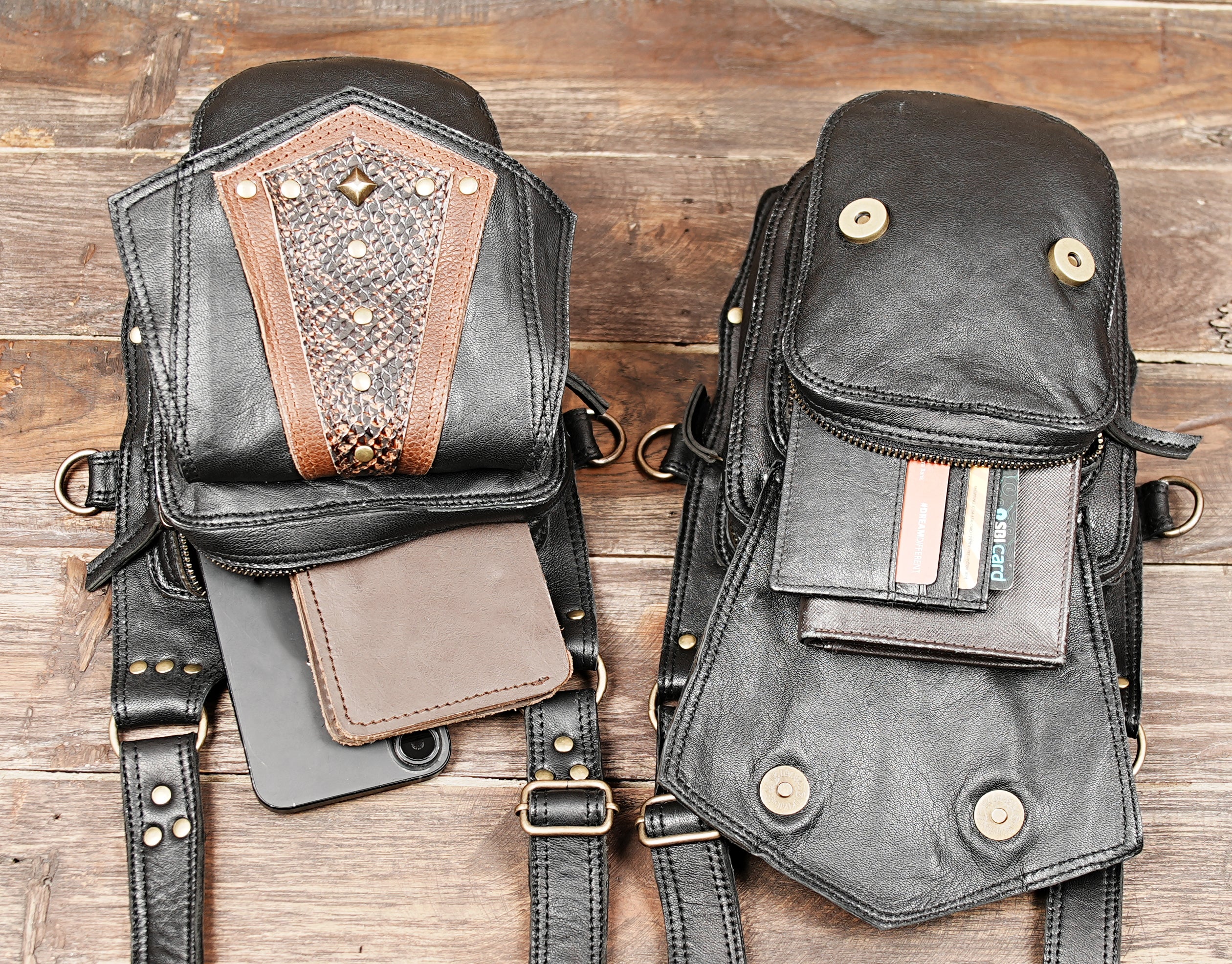 Handmade Leather Holster Bag Black Leather Shoulder Bag Leather Festival Bag Leather Men's Sling Bag Gift for Him Double Holster Pocket 