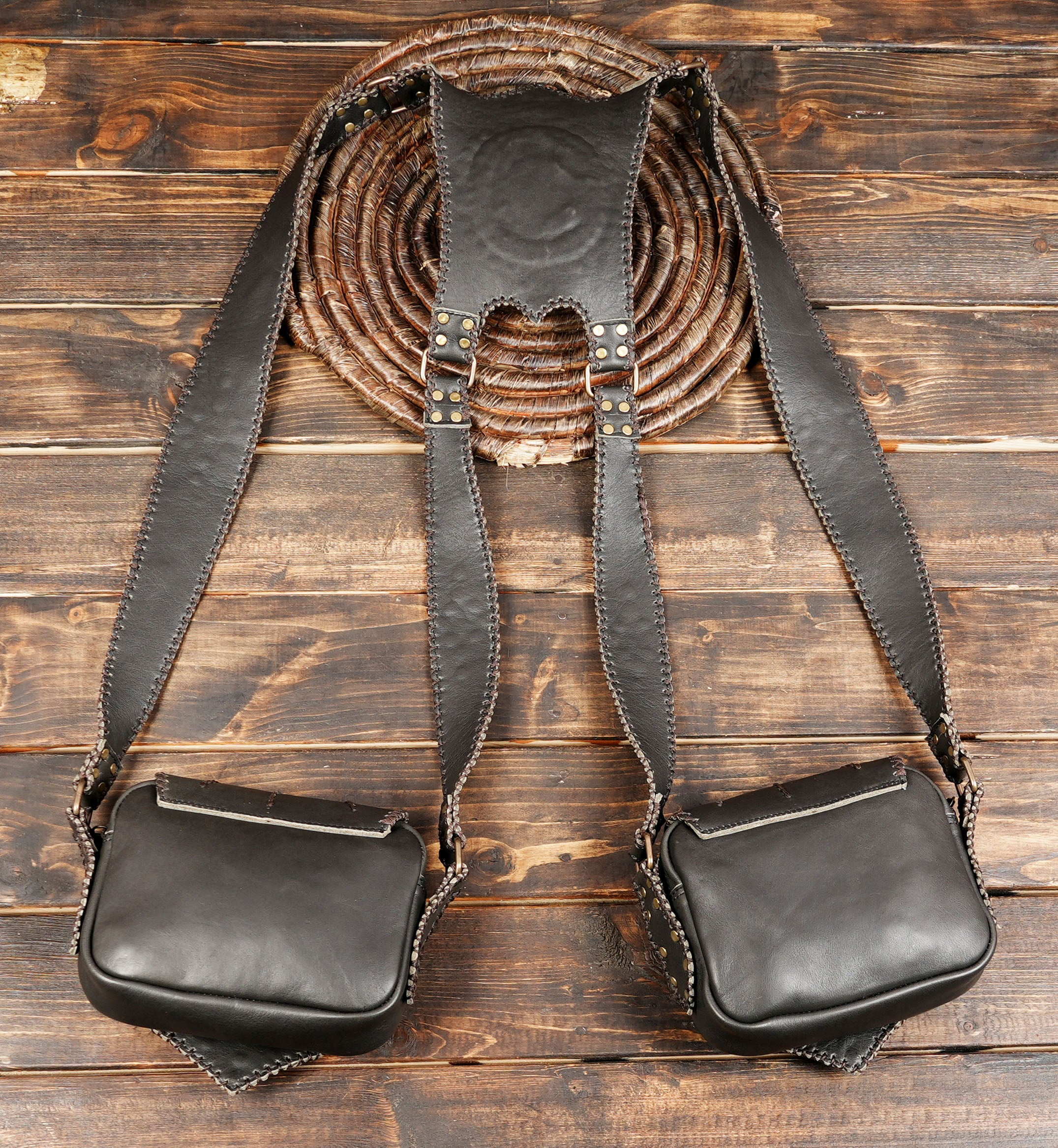Artisan leather dual bag harness for Burning Man outfits