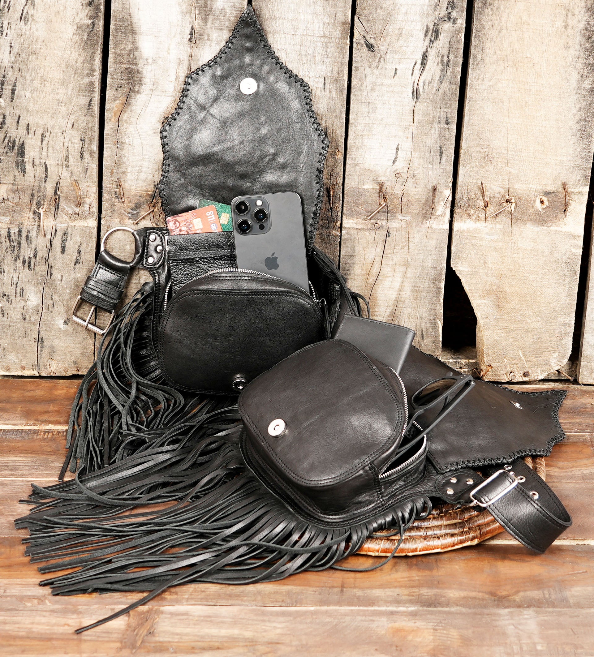 Women's Black Leather Hip Bag, Studded, Fringe, Boho Crossbody, Hip Clip on Belt Loop Bag, Waist  with frings with locker 