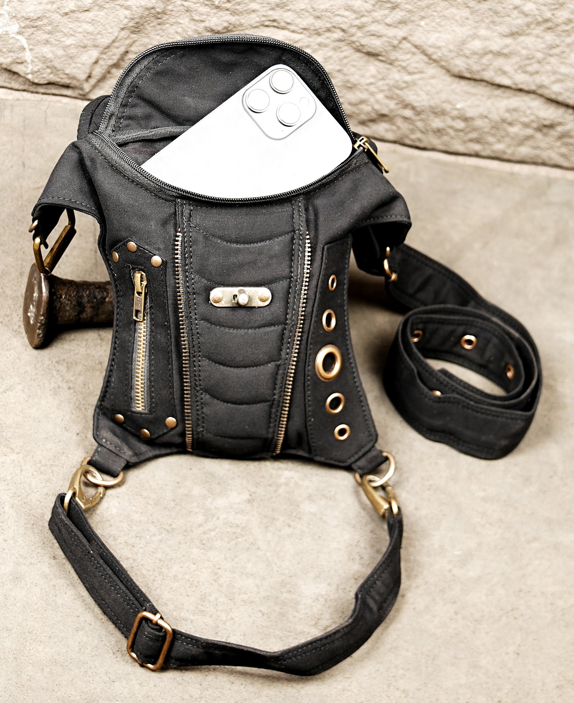 Cotton canvas travel waist pack with detachable leg strap for men and women.
