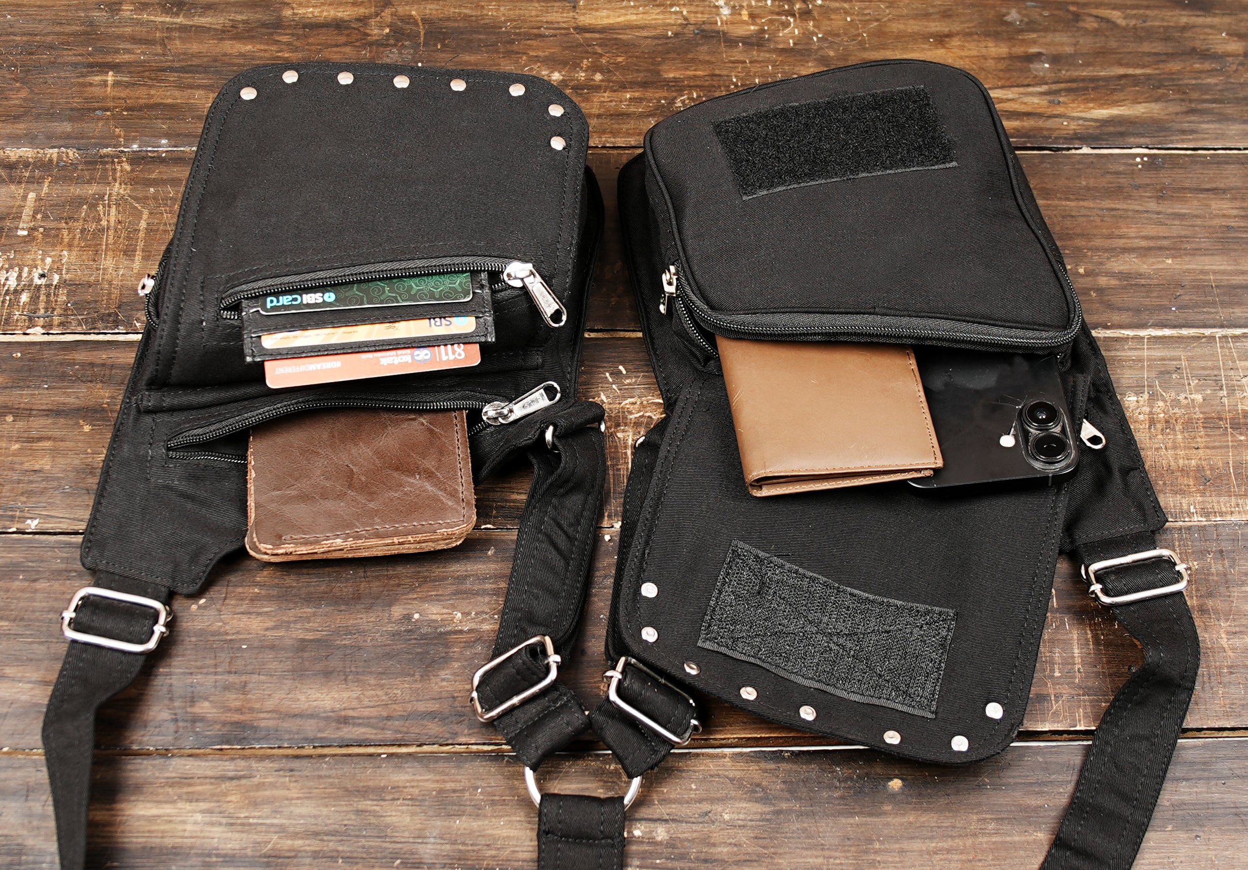 Steampunk-inspired cotton holster bag with rivet accents