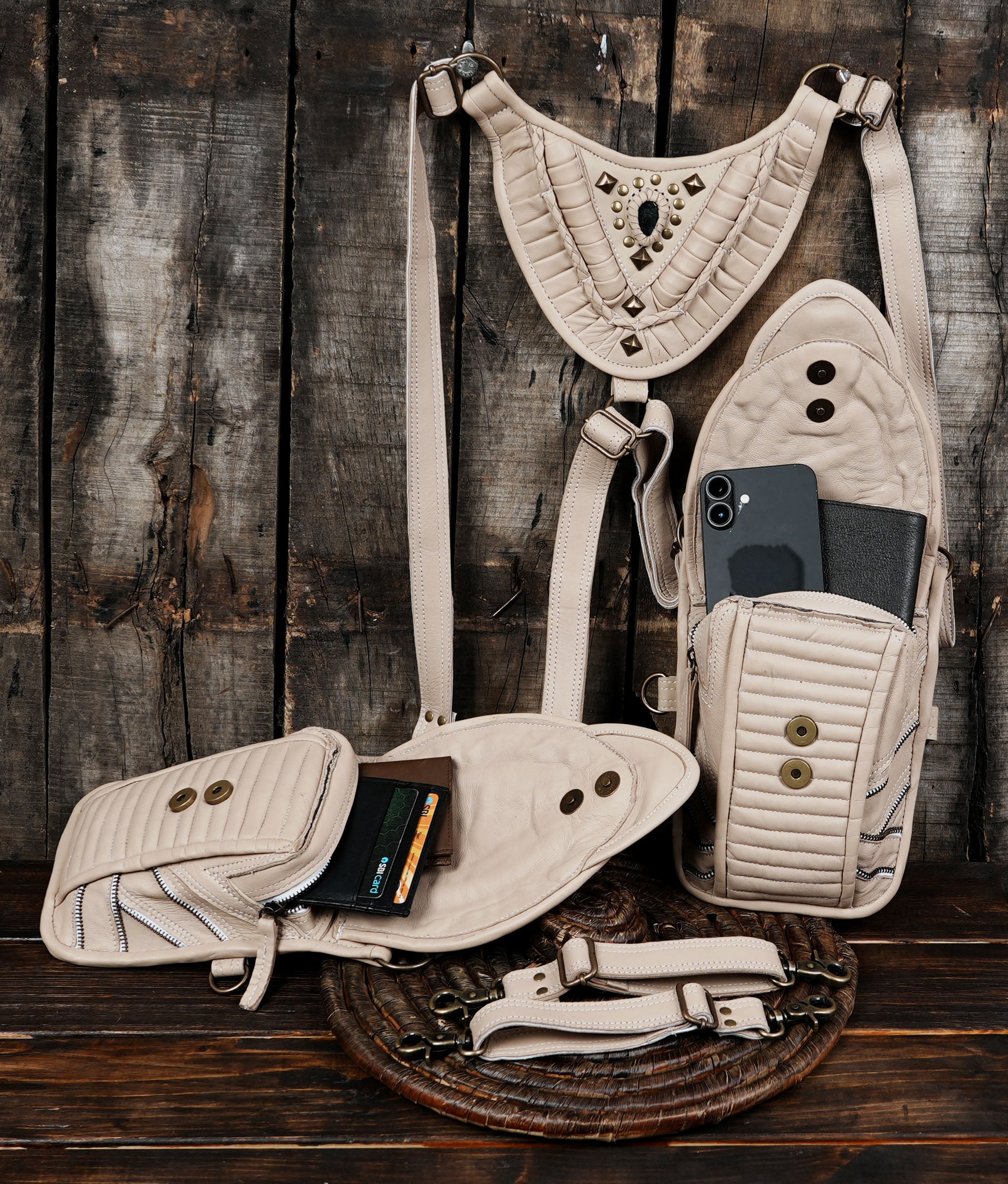 “Premium cream leather crossbody holster with gemstone inlay and stitched texture”