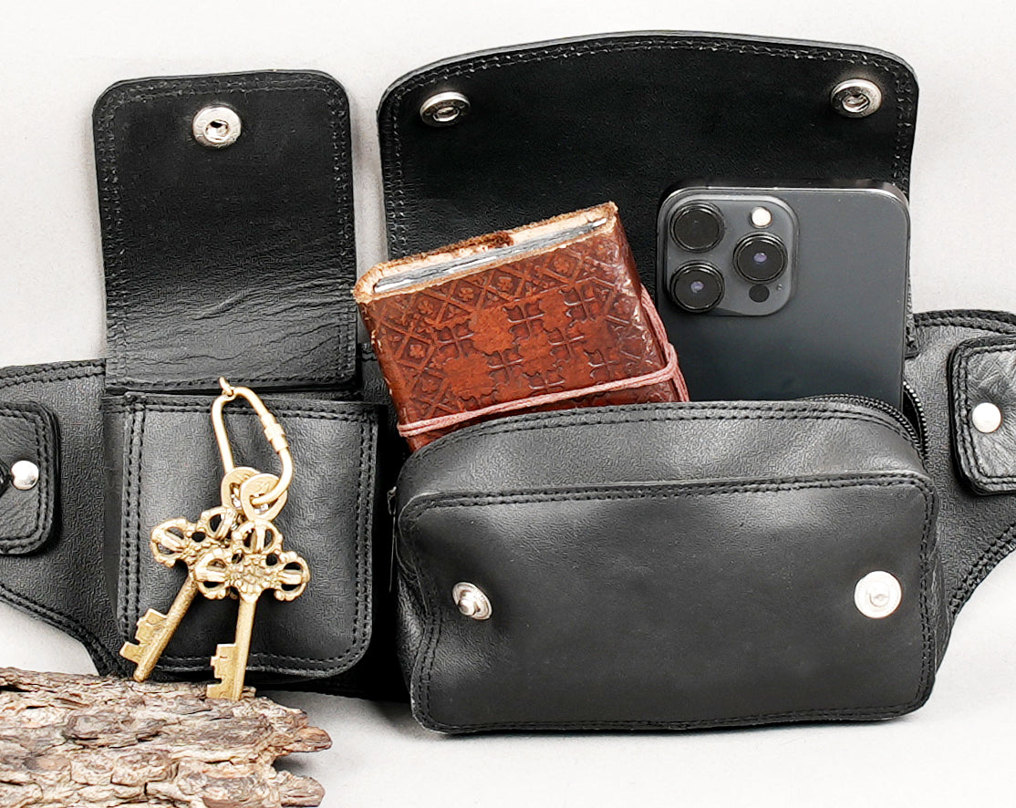 Adjustable black leather waist belt with multiple compartments