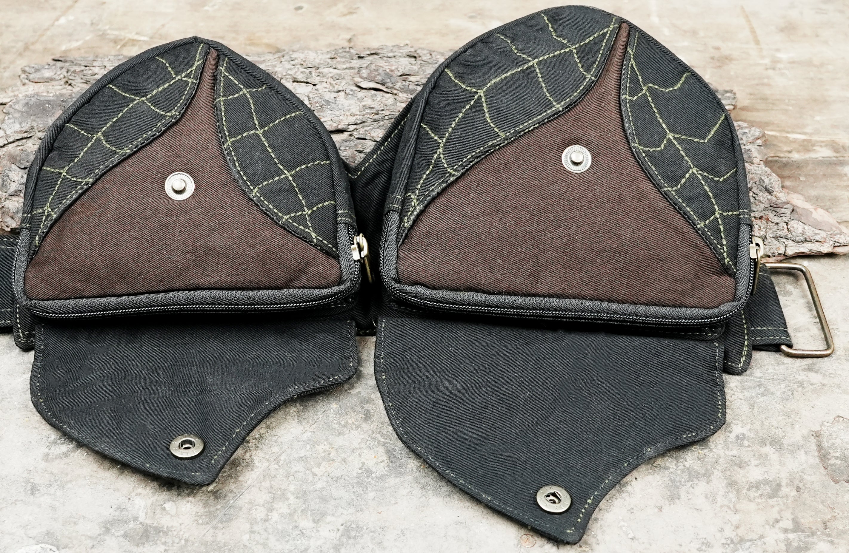 Black boho waist bag with decorative stitching
