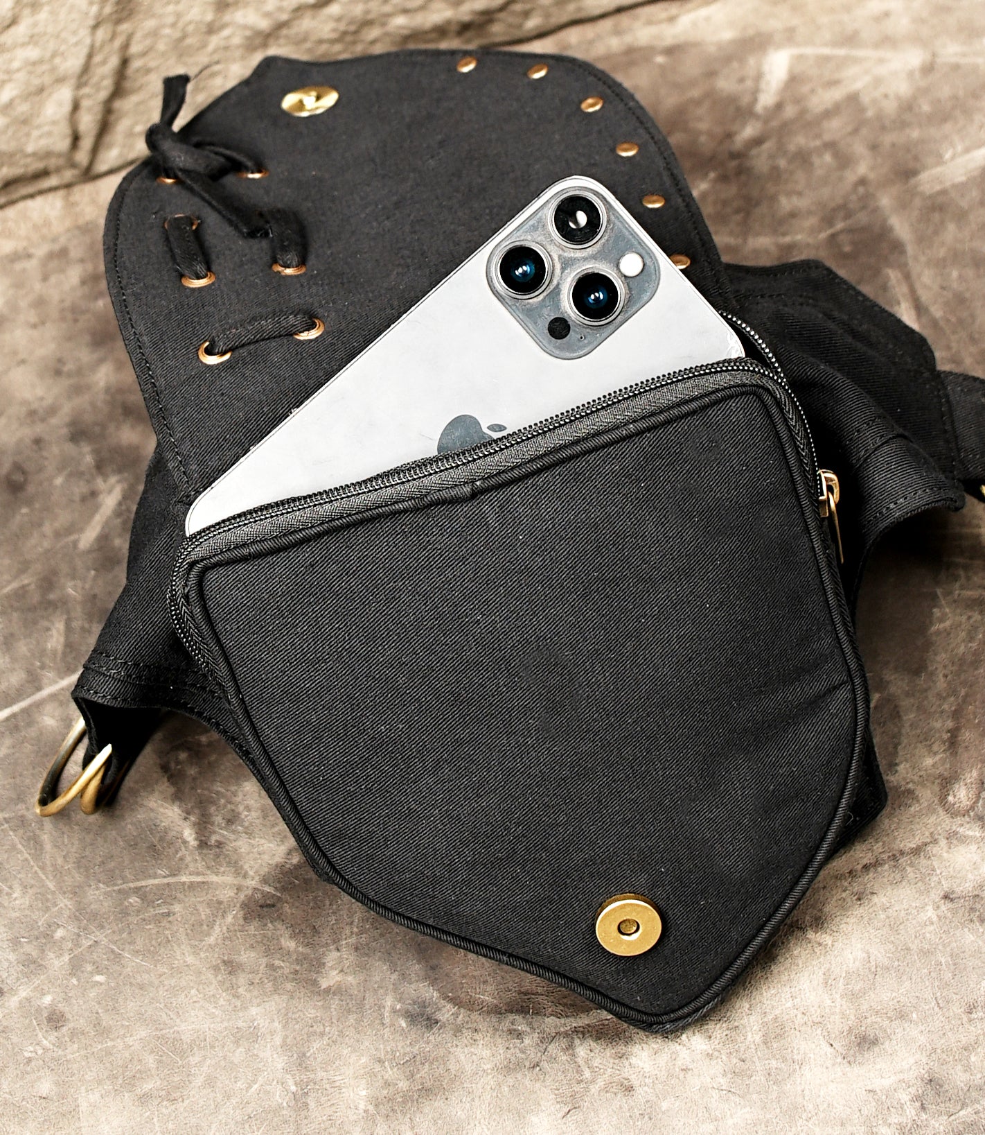 Black Cotton Waist Belt Bag, Geometric Festival Hip Pouch, Lace Up Utility Pack, Unisex Travel Accessory (CTN/AB/WB/1002)