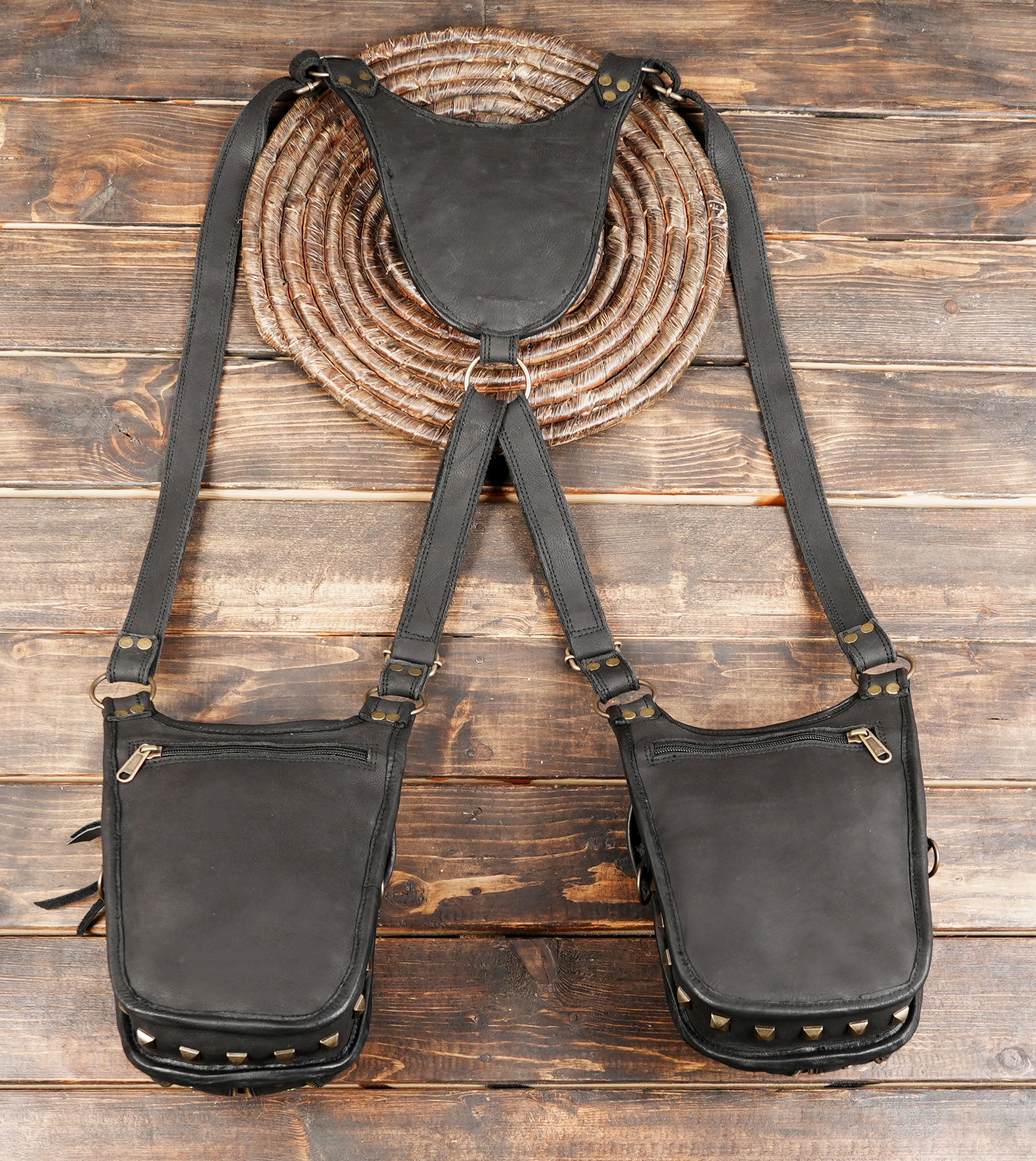 Handcrafted Leather Holster with Labradorite Stone Accents || Boho Style Leather Dual Pouch Holster with Gemstone Detail (LT-AB-HLS-6099)