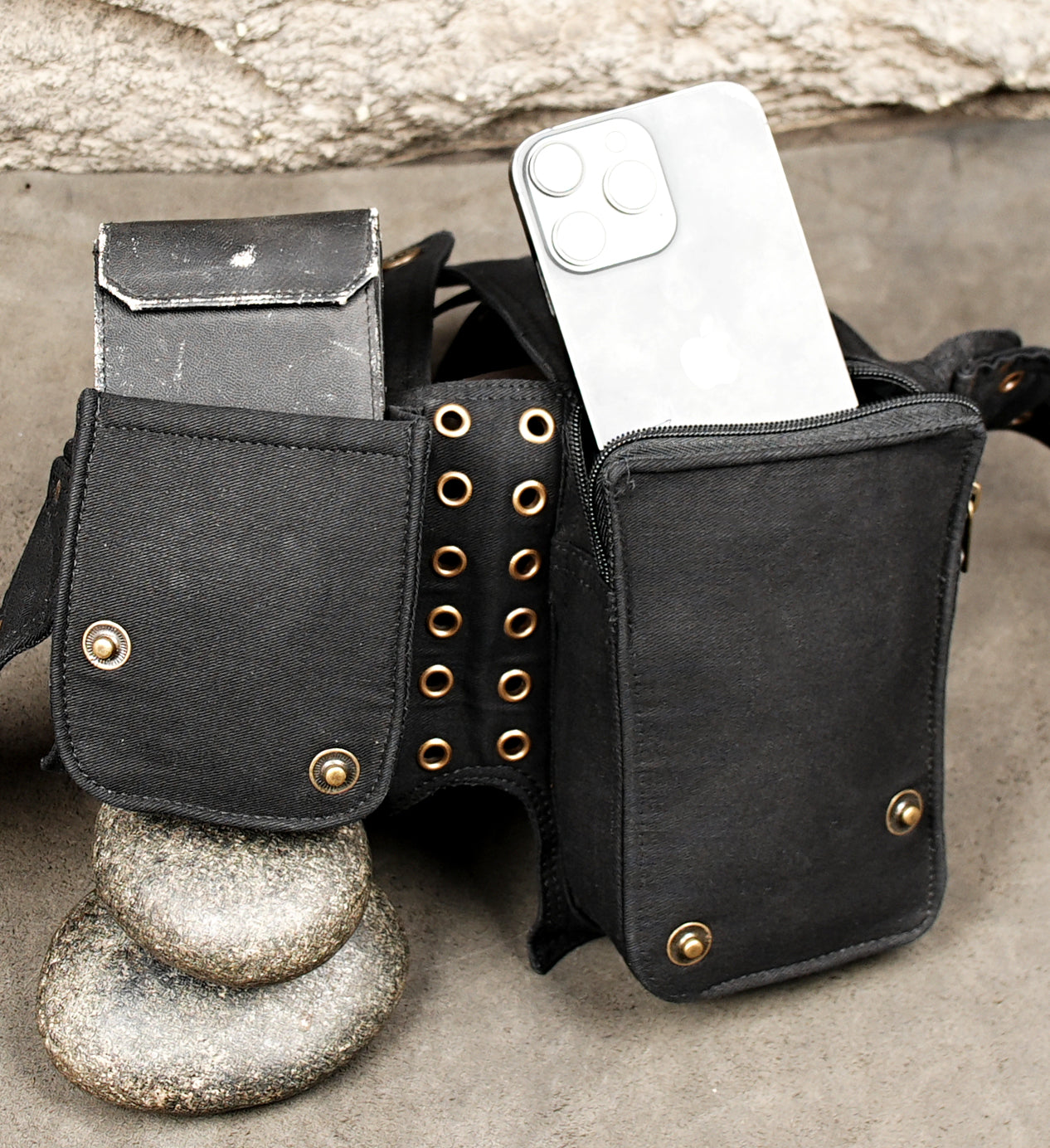 Casual black cotton waist bag with metallic studs and laces
