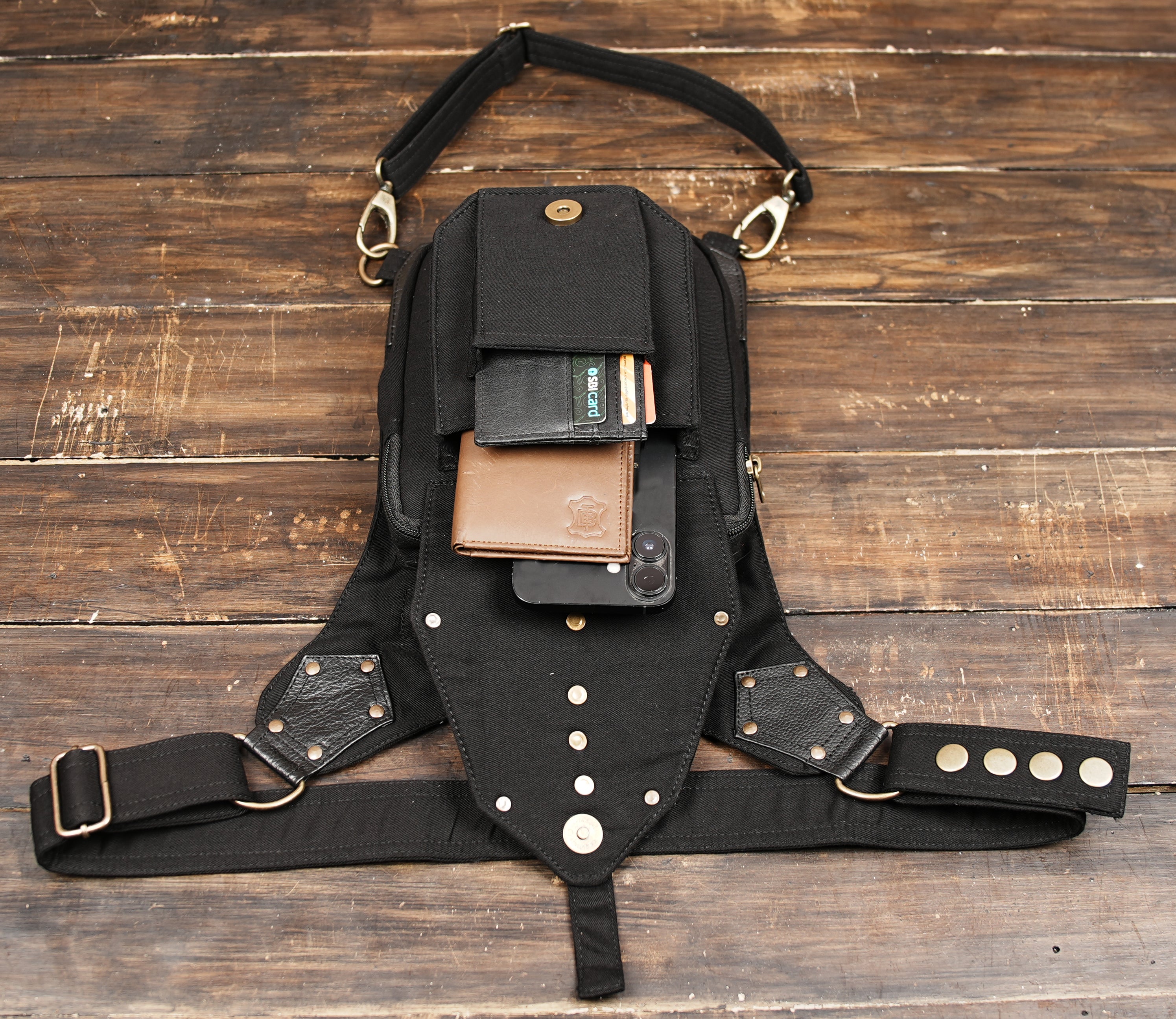Black cotton thigh holster bag with multiple compartments