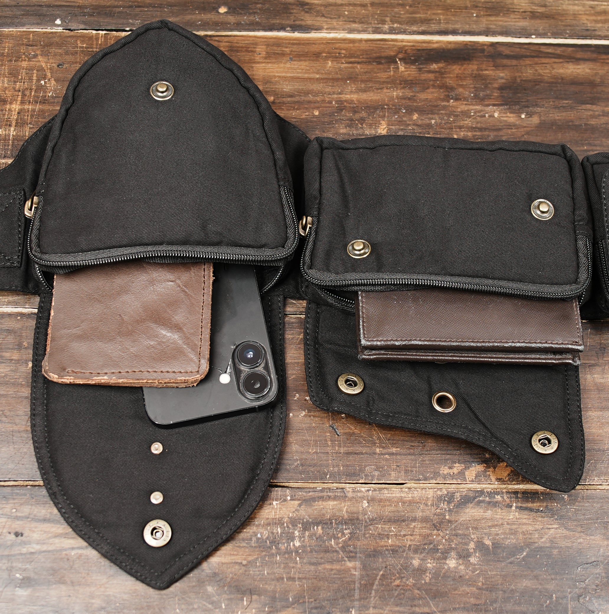 Black waist organizer belt with multi pocket storage design