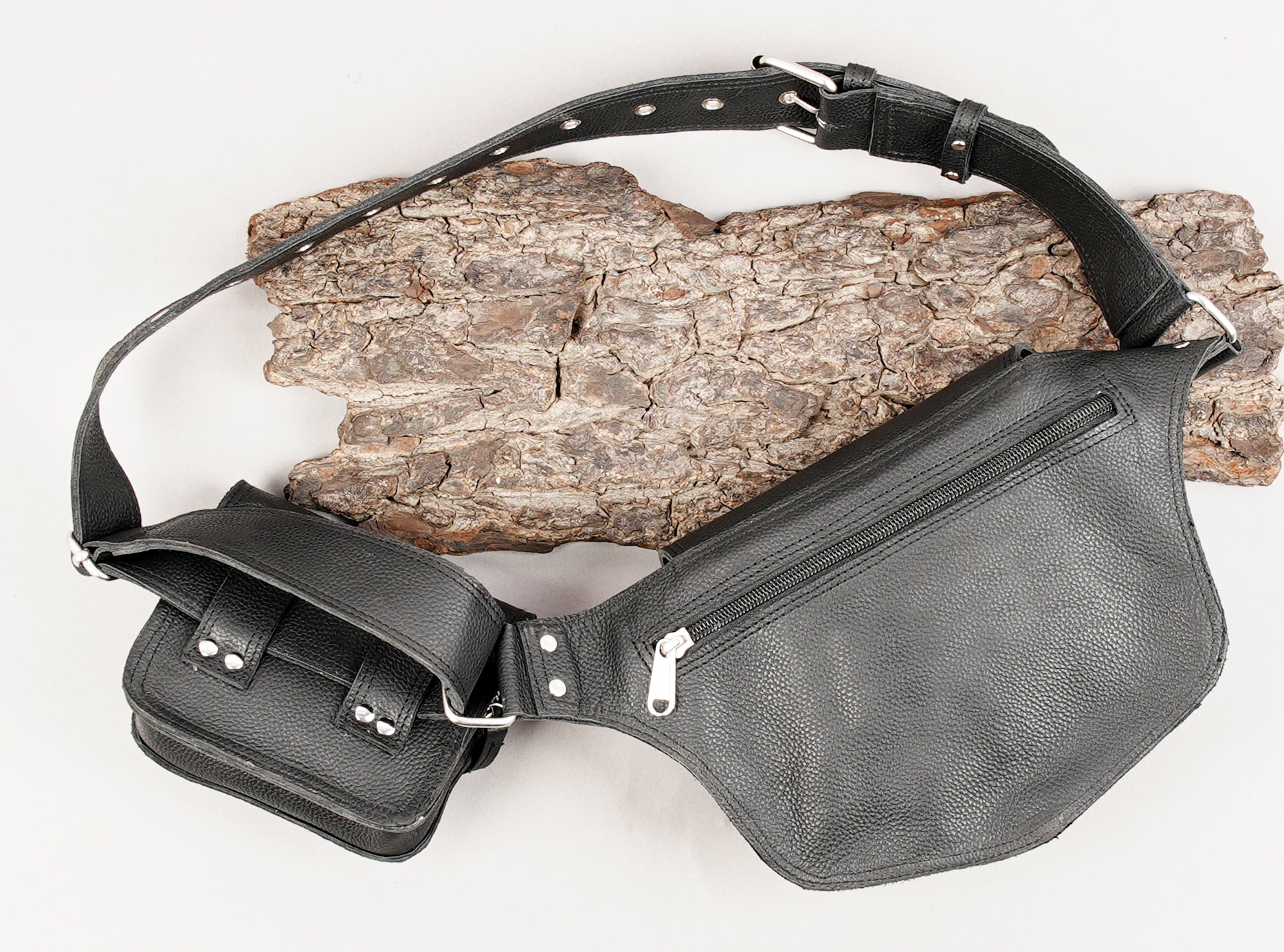 Adjustable leather waist belt with front storage pouch